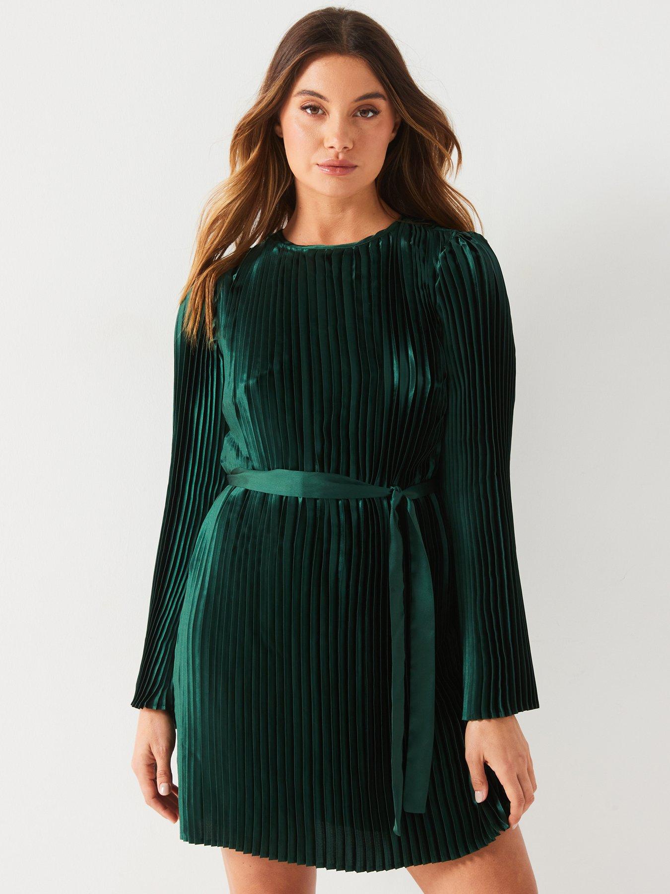 undefined Pleated Belted Mini Dress Green