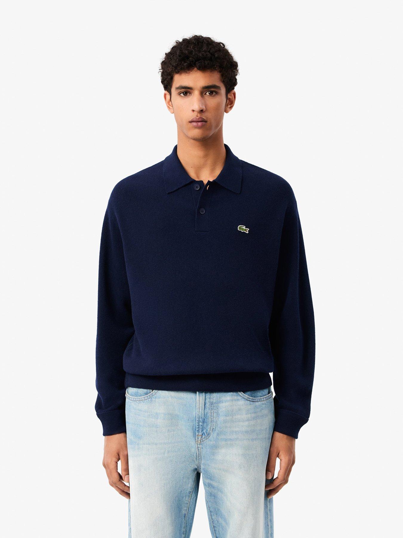undefined Oversized Long Sleeve Wool Knitted Polo Shirt - Navy