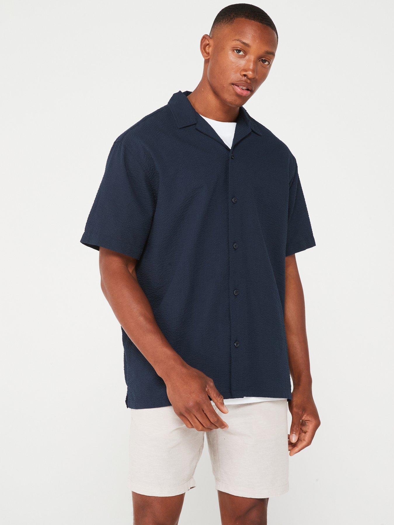 undefined Jack  &  Jones Short Sleeve Seersucker Relaxed Fit Shirt - Navy