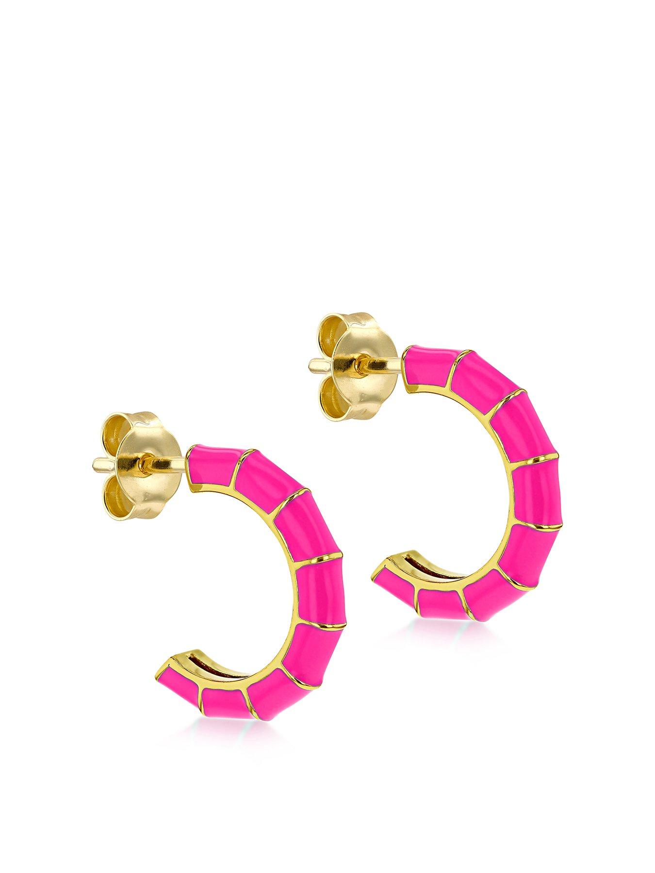 Product photograph of The Love Silver Collection Sterling Silver Yellow Gold Plated Pink Enamel Half-hoop Stud Earrings from very.co.uk