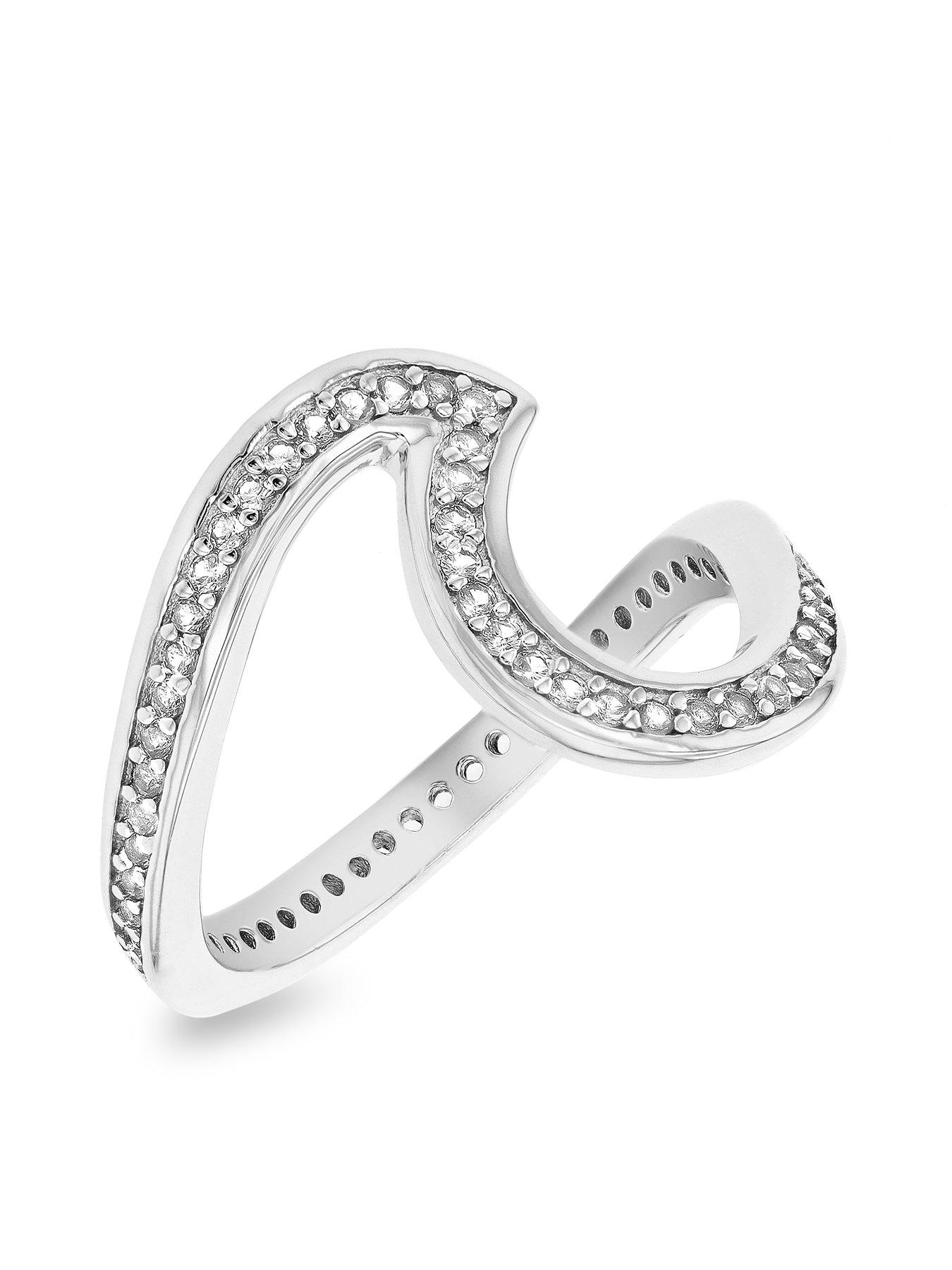 Product photograph of The Love Silver Collection Sterling Silver Rhodium Plated Round White Cz Graphic Wave Ring from very.co.uk