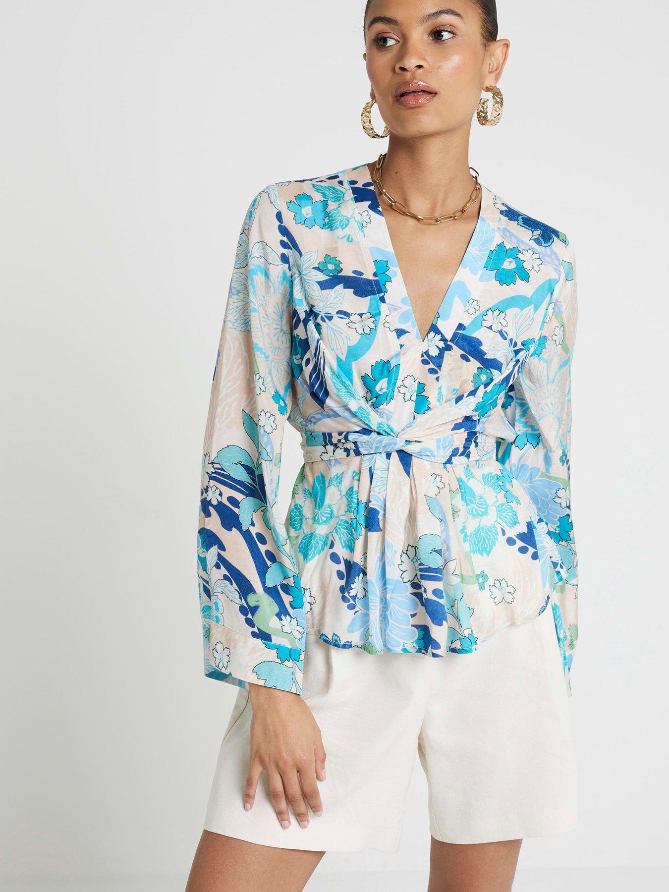 Image 1 of 5 of River Island Tie Front Top - Blue