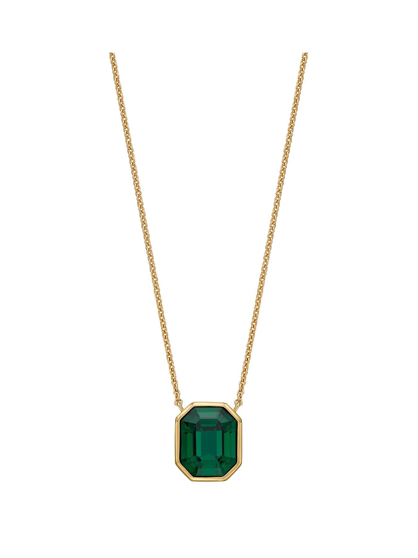 Product photograph of The Love Silver Collection Yellow Gold Plated Elongated Octagon Necklace With Emerald Crystal from very.co.uk
