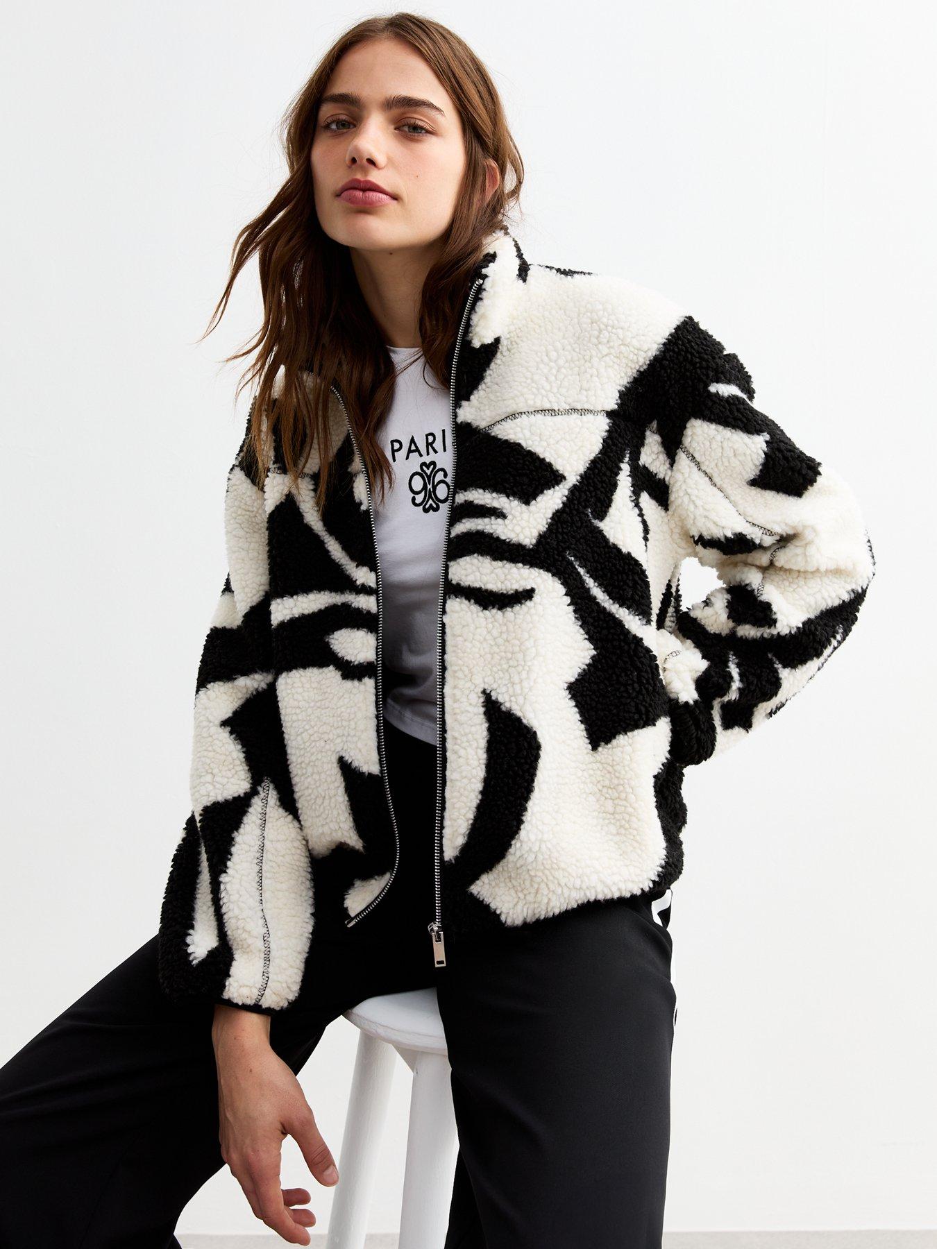 White Abstract Print Borg Zip Jacket