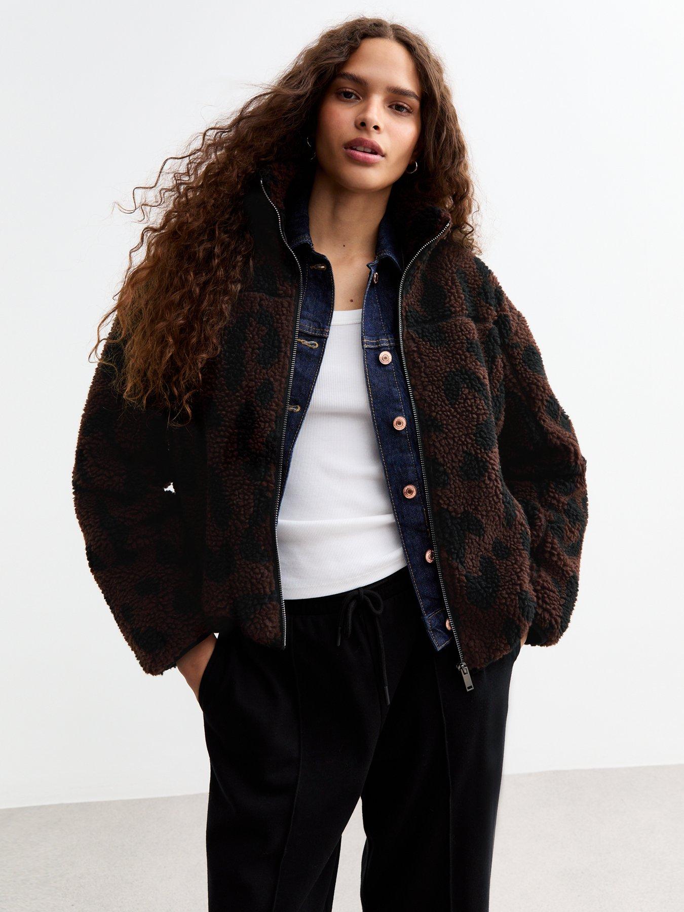 New Look Brown Animal Print Zip Up Borg Jacket Very