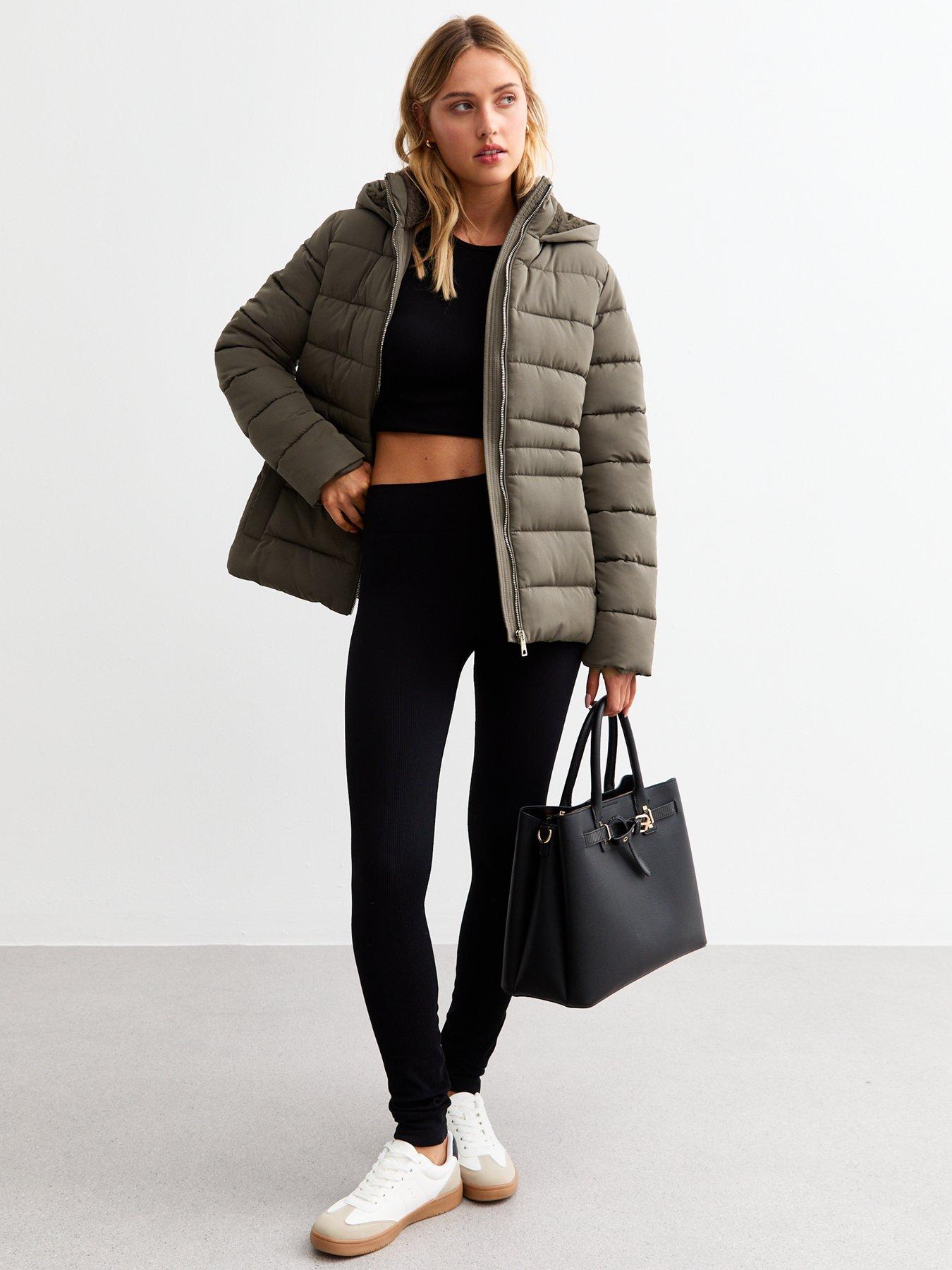 Khaki hooded puffer jacket hotsell