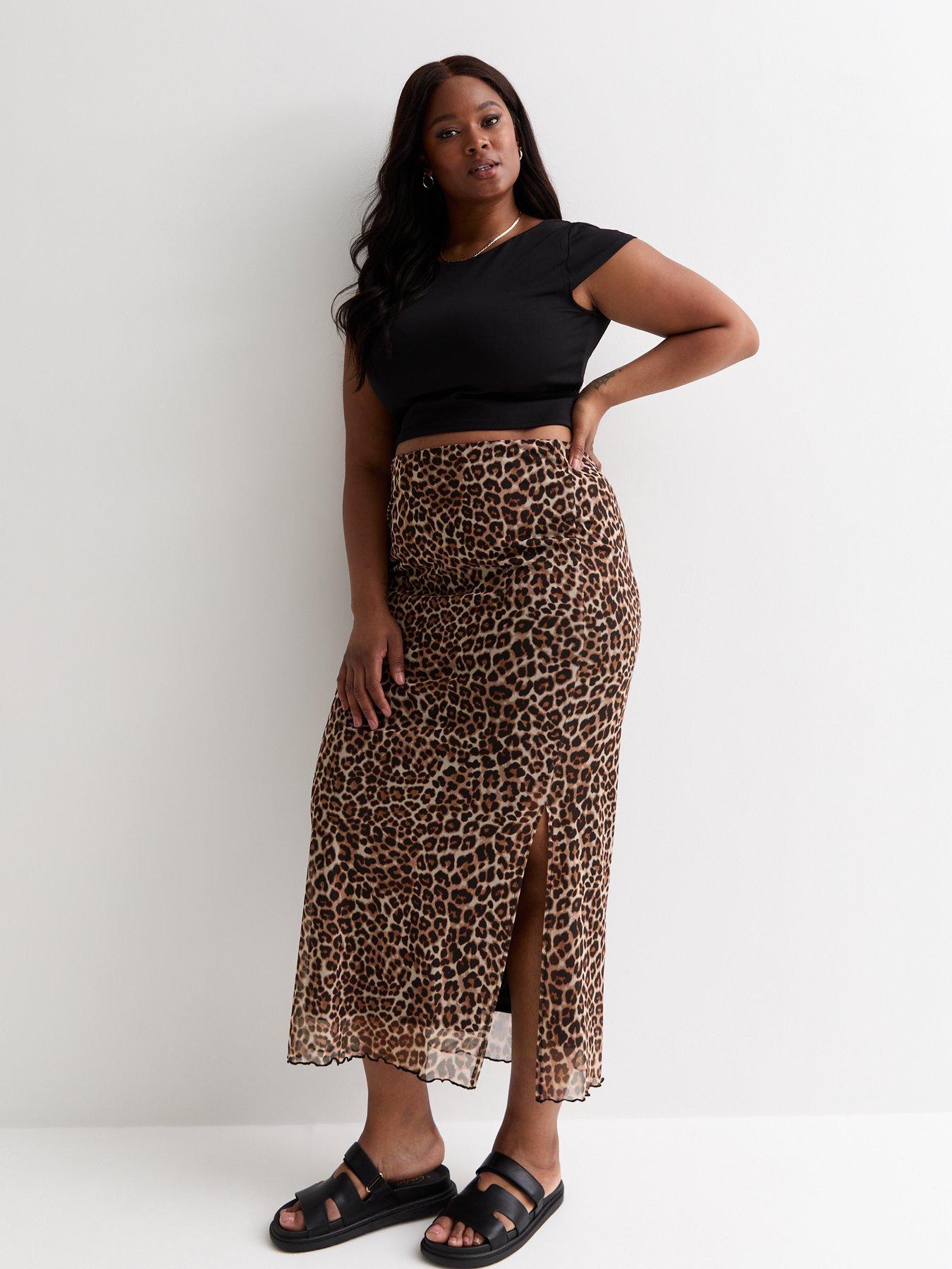 New Look Curves Black Leopard print Mesh Midi Skirt Very