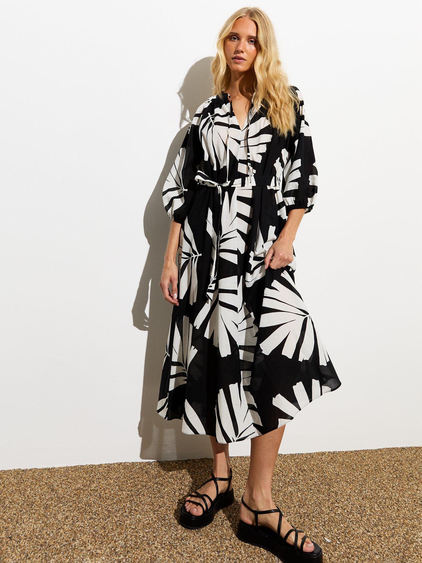 New Look Black Palm Print Belted Midi Smock Dress