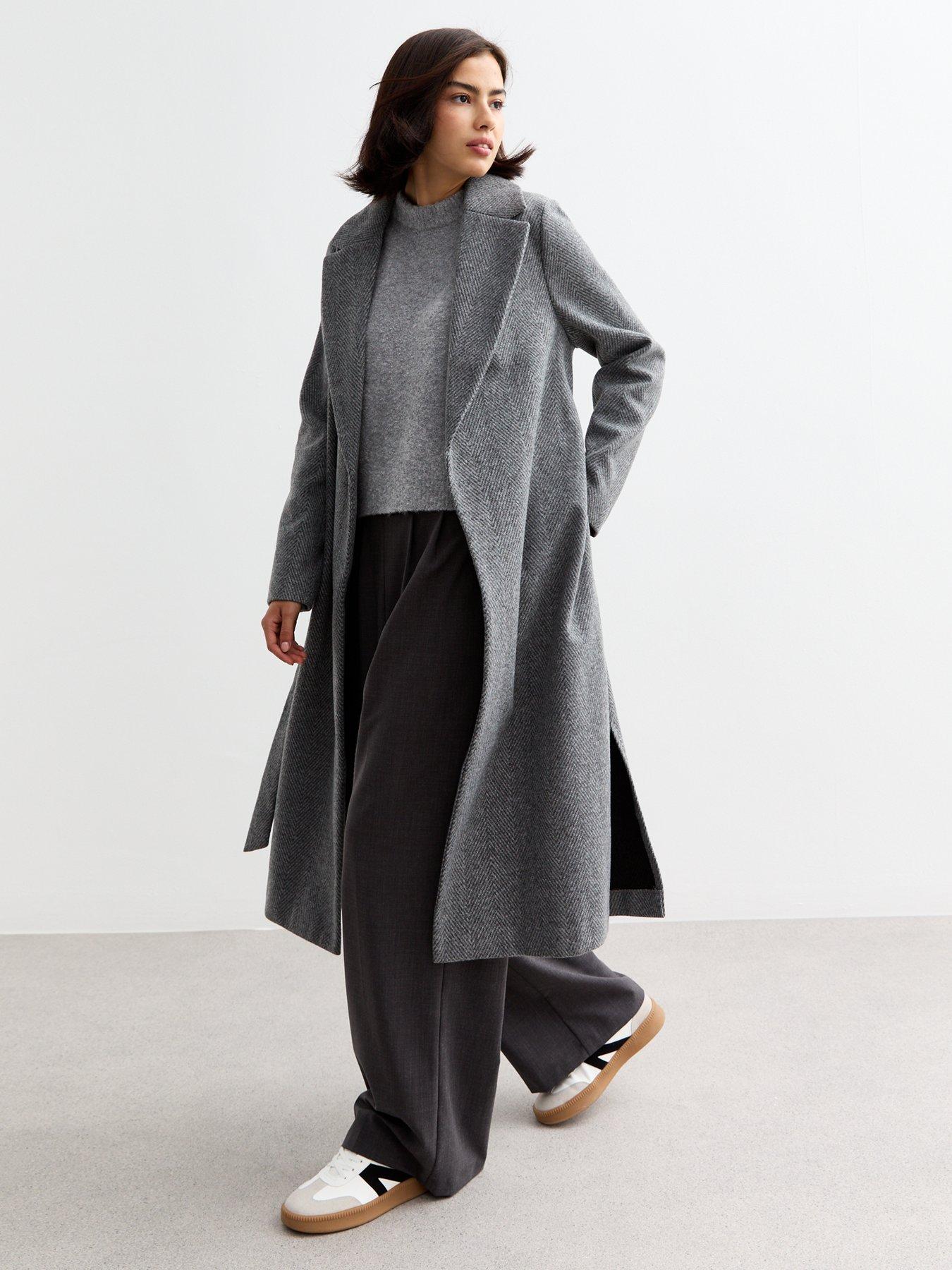 undefined Grey Herringbone Unlined Long Belted Coat - Multi