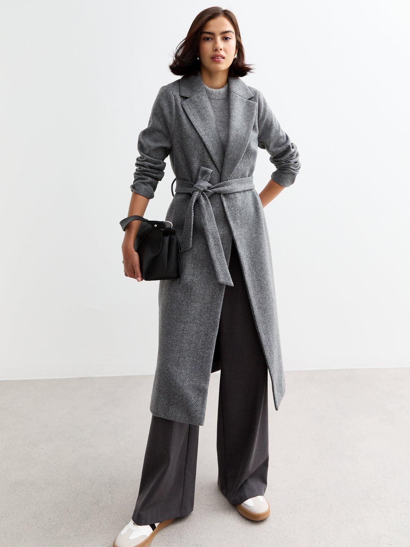 New Look Grey Herringbone Unlined Long Belted Coat Multi Very