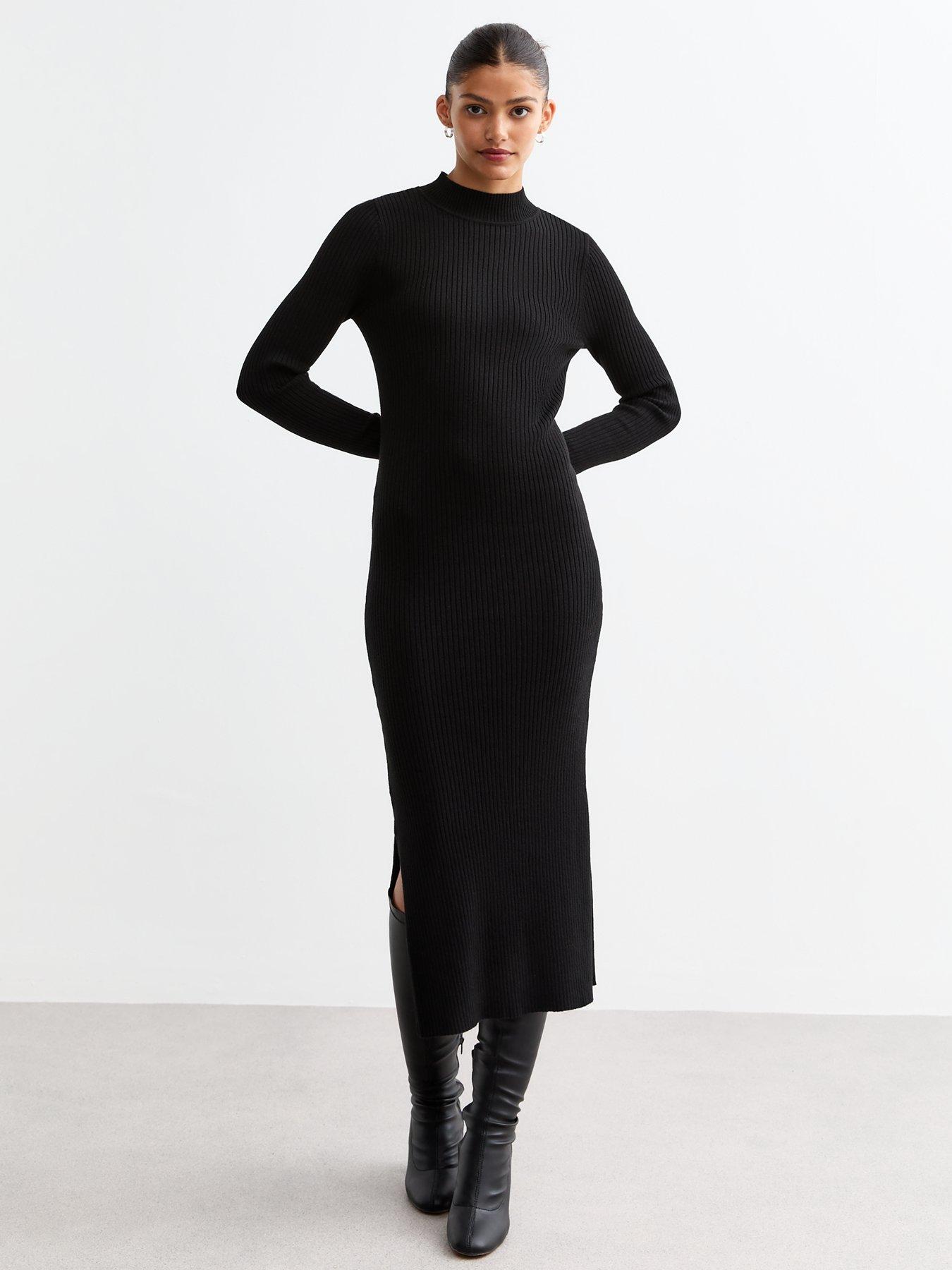 undefined Rib Knit High Neck Midi Dress - Black