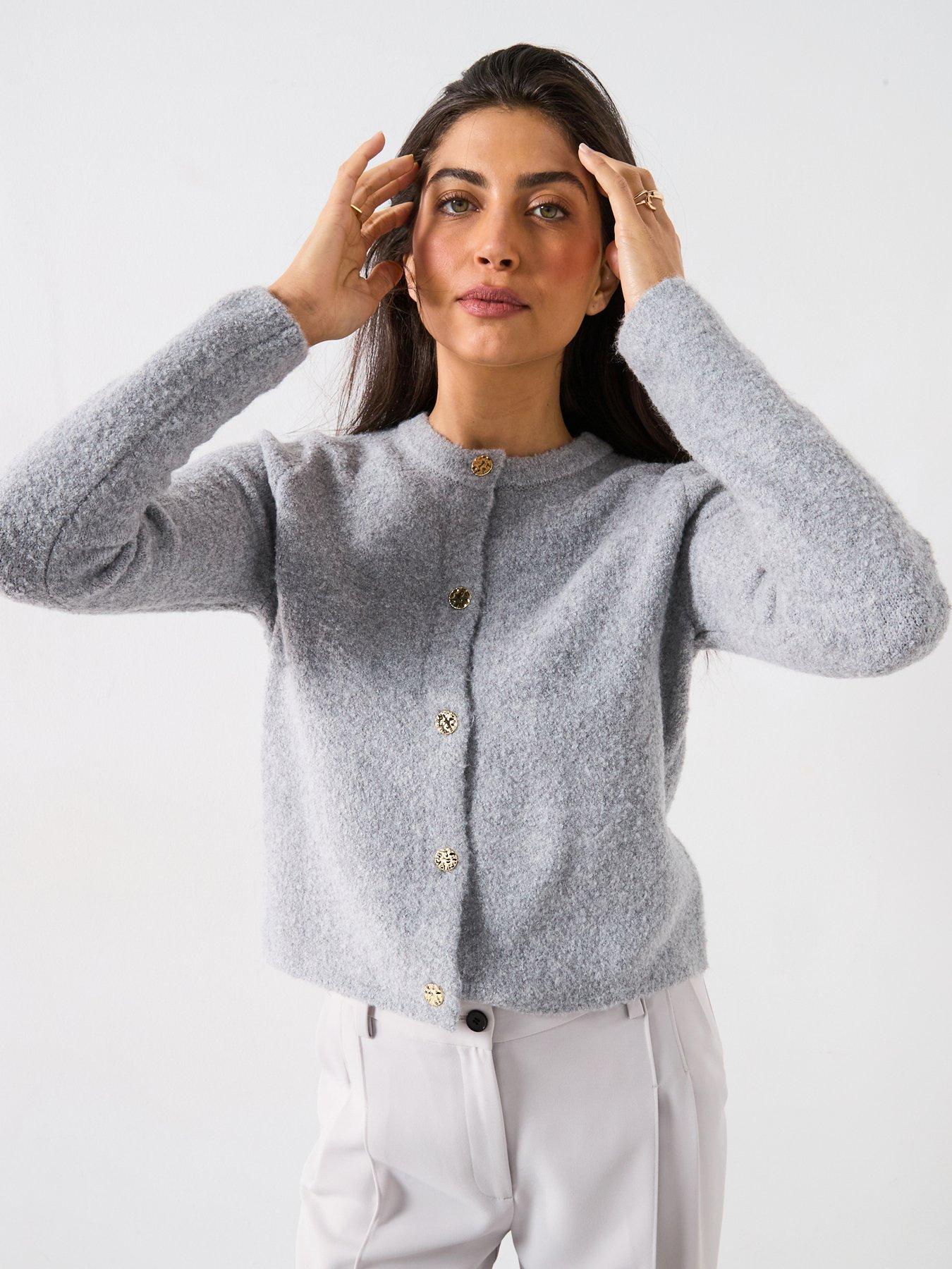undefined Grey Buttoned Bouclé Cardigan