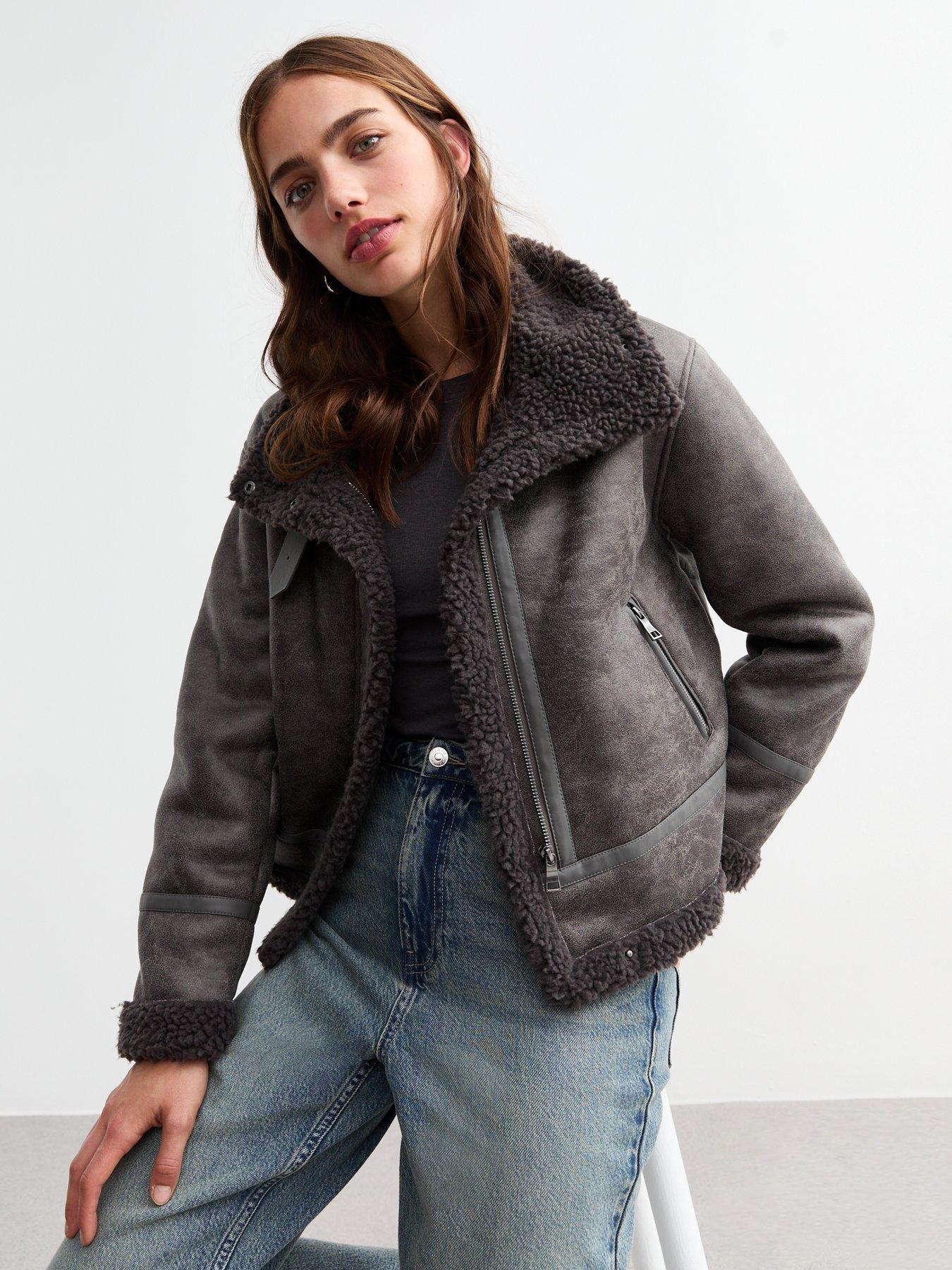 New Look Grey Faux Leather Cropped Aviator Jacket Very