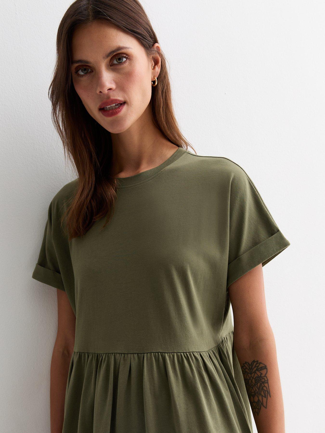 New Look Khaki Cotton Short Sleeve Mini Smock Dress | Very