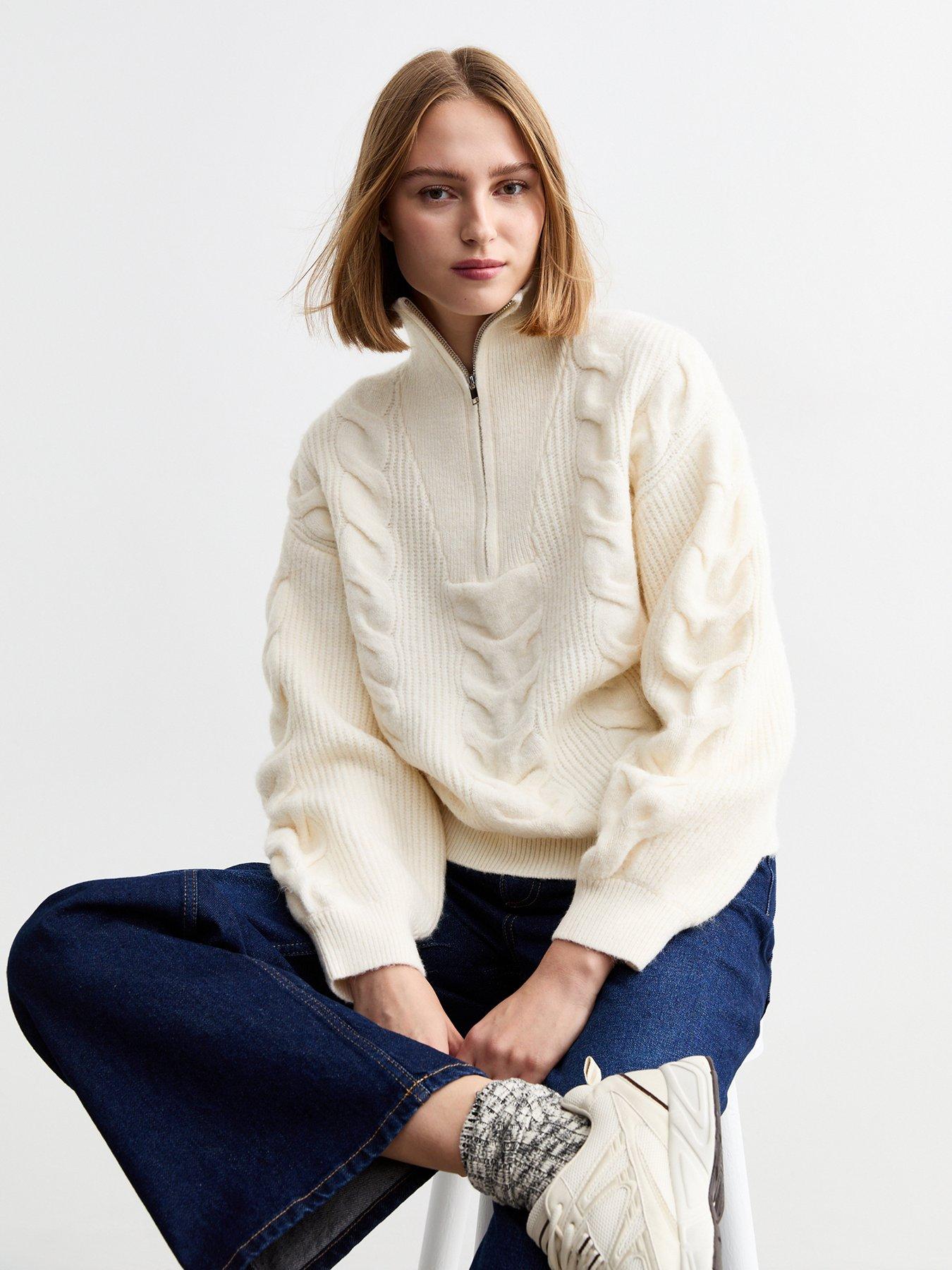 undefined Cable Knit Half Zip Jumper - Cream