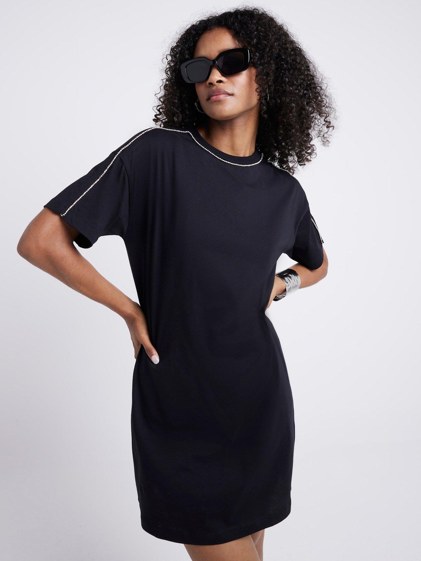 River Island Diamante Neck T-shirt Dress - Black | Very.co.uk