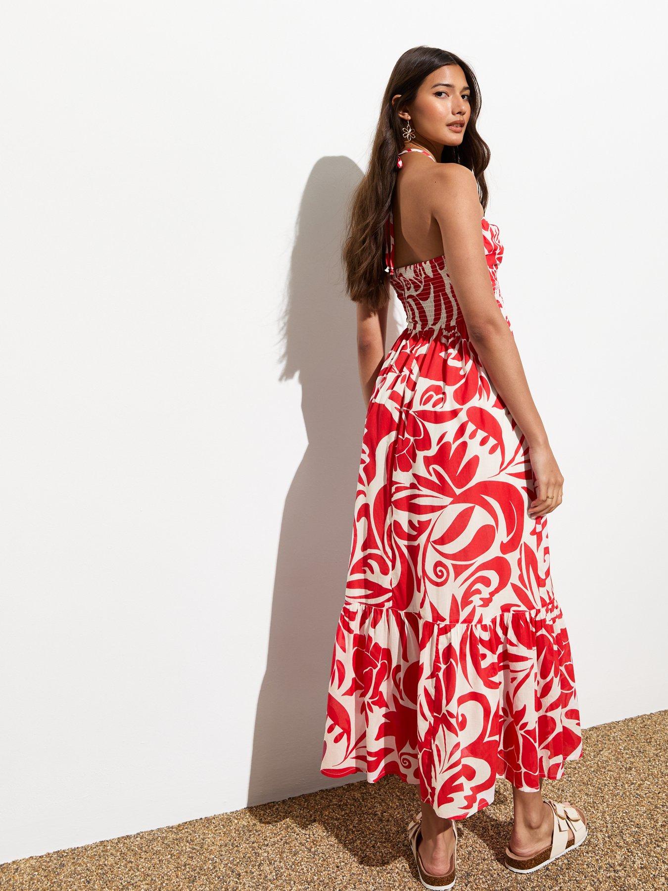 New Look Red Abstract Floral Shirred Halter Neck Midi Dress | Very.co.uk