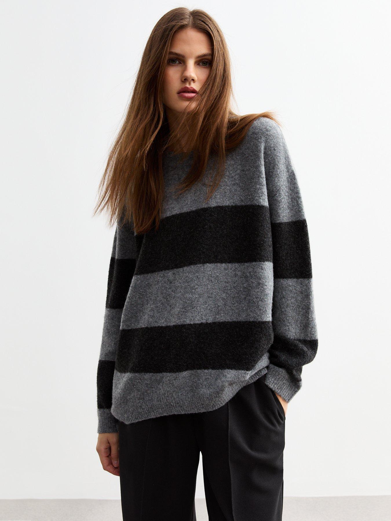 undefined Grey Soft Knit Oversized Striped Jumper