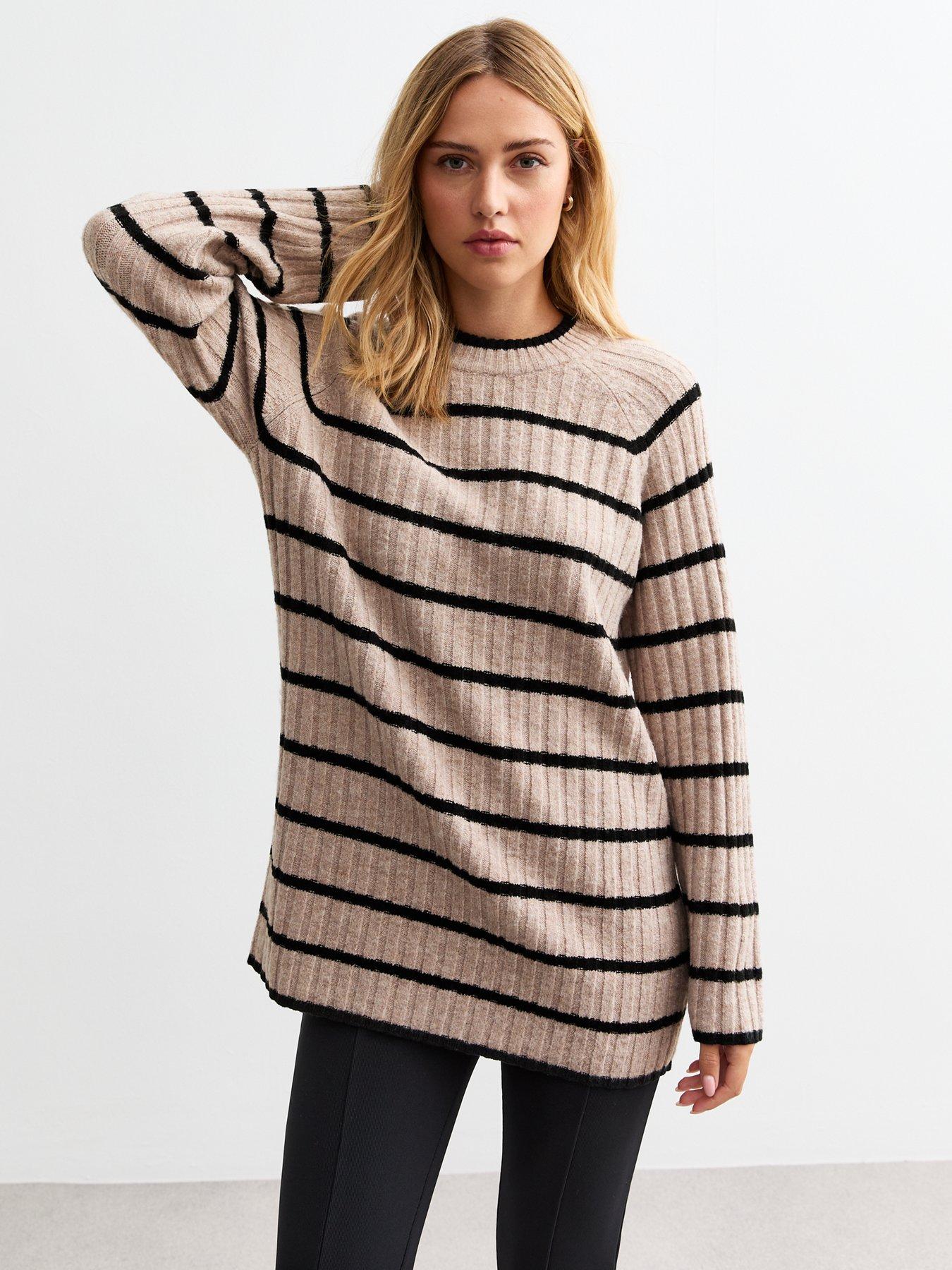 undefined Striped Ribbed Knit Long Raglan Jumper - Multi