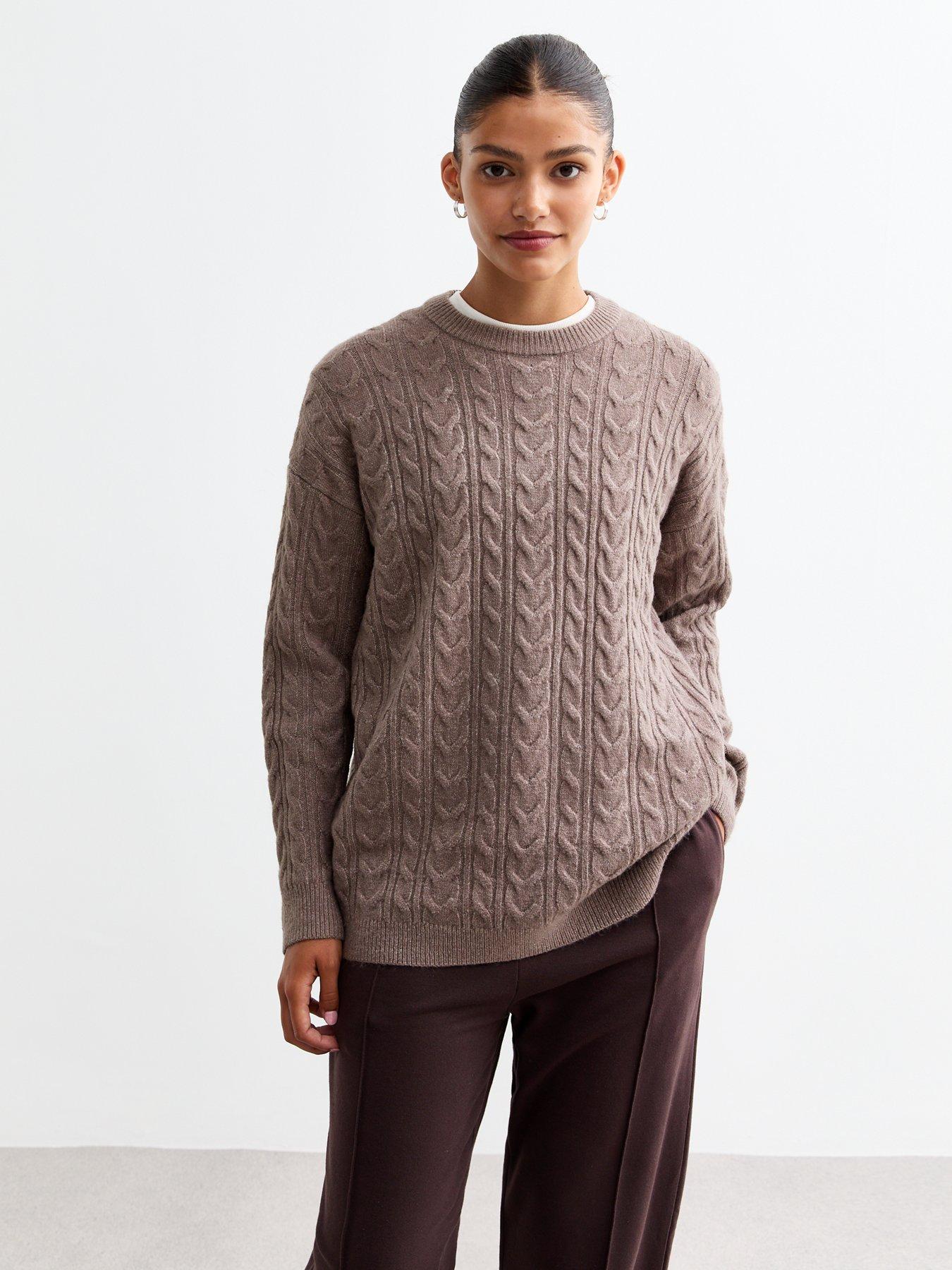 Light Brown Crew Neck Cable Knit Jumper