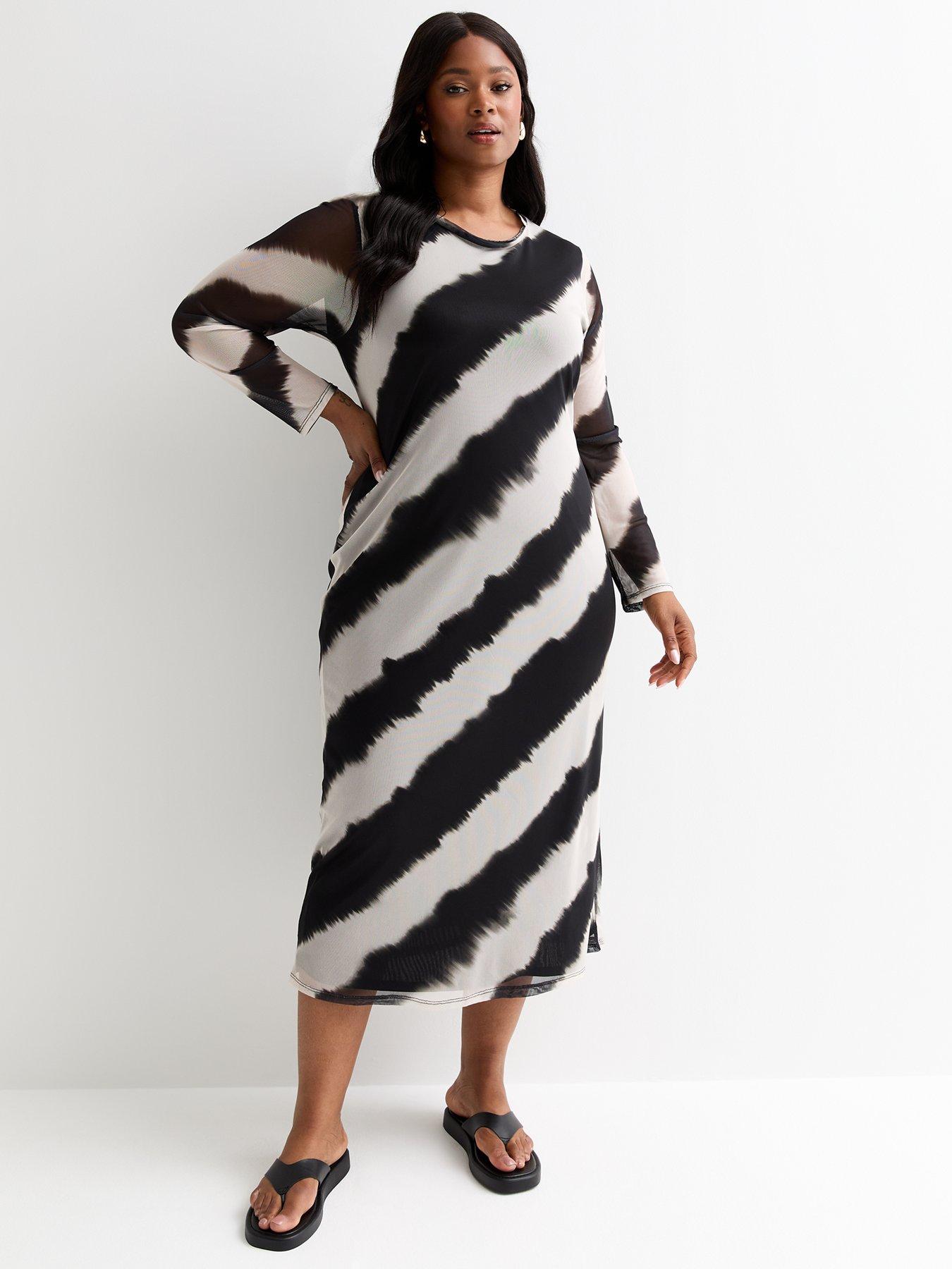 New Look Curves Black Diagonal Stripe Mesh Midi Dress, Print, Size 32, Women