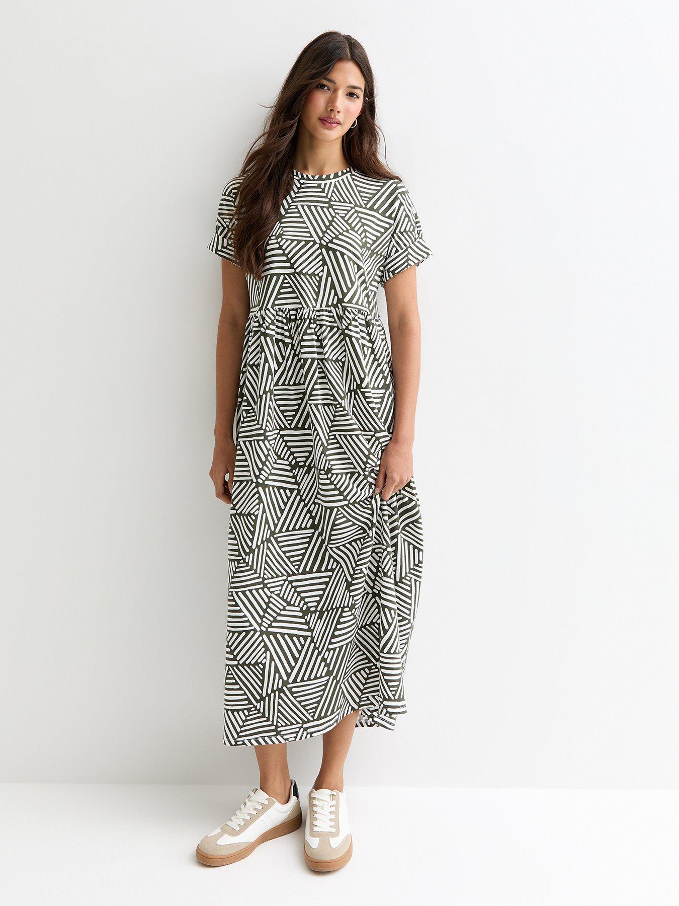 undefined Green Cotton Geometric-print Smock Midi Dress