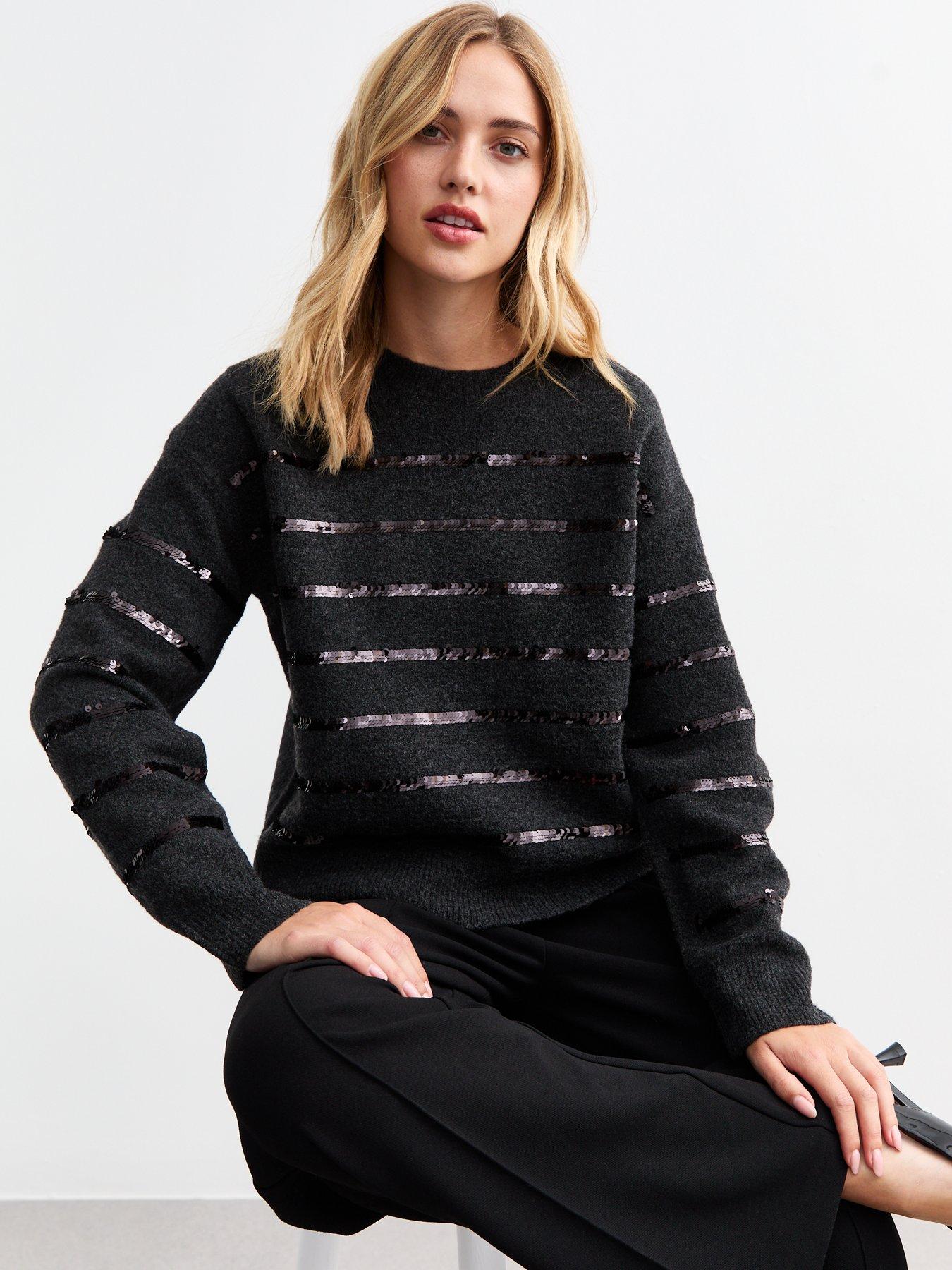 undefined Sequin Stripe Knitted Jumper - Dark Grey