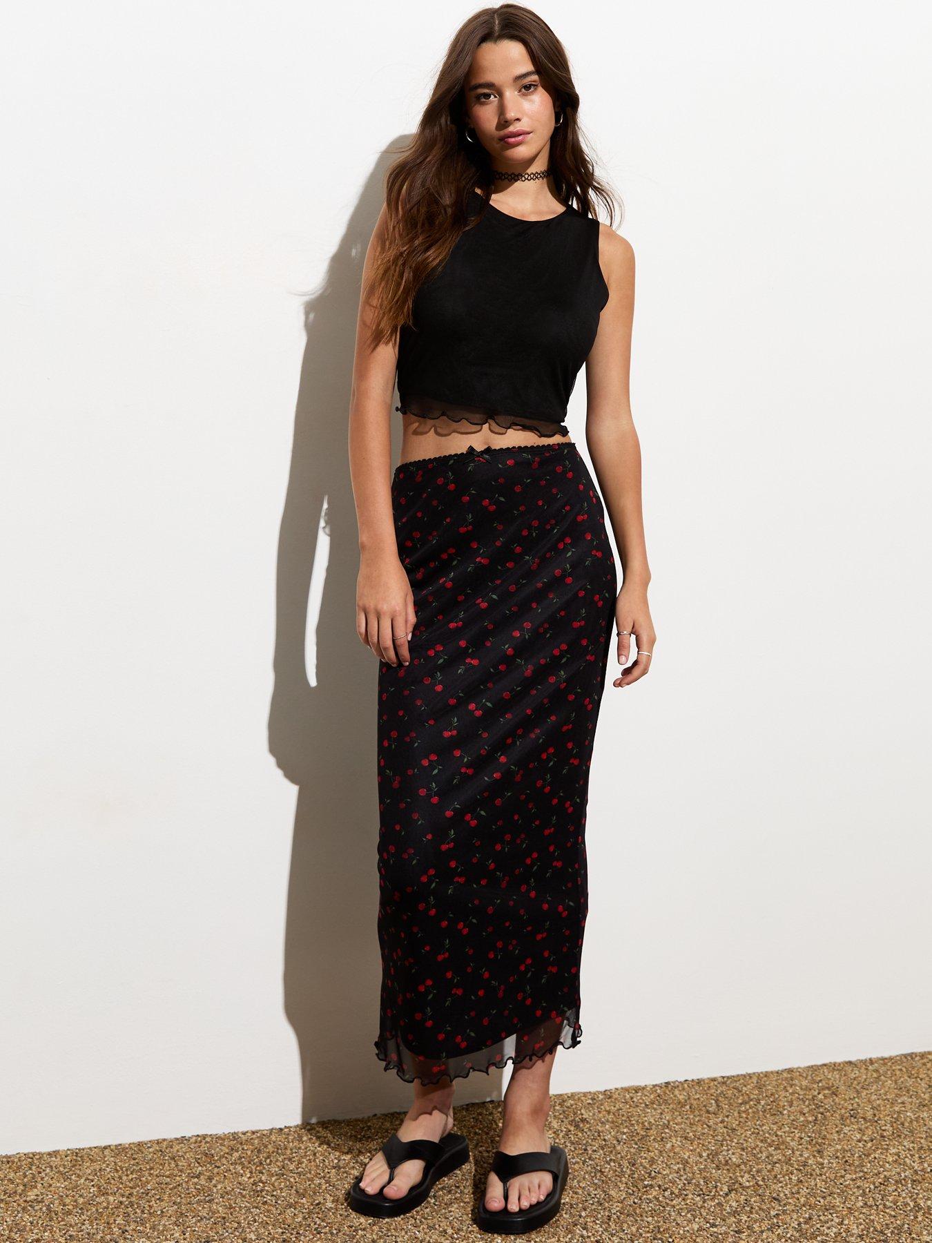 Black Mesh Cherry Print Midi Skirt