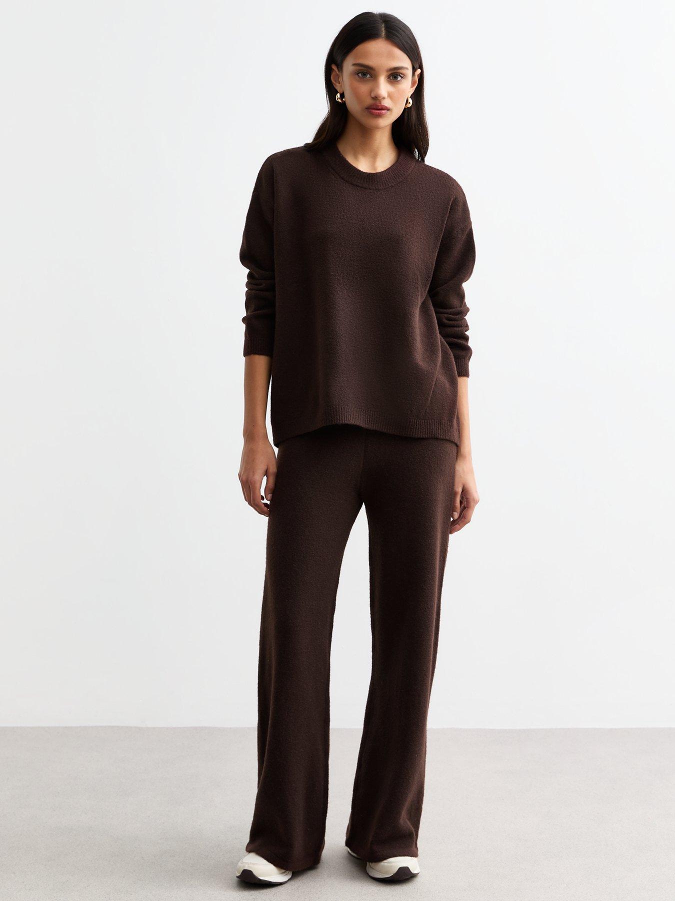undefined Knit Wide Leg Trousers - Dark Brown