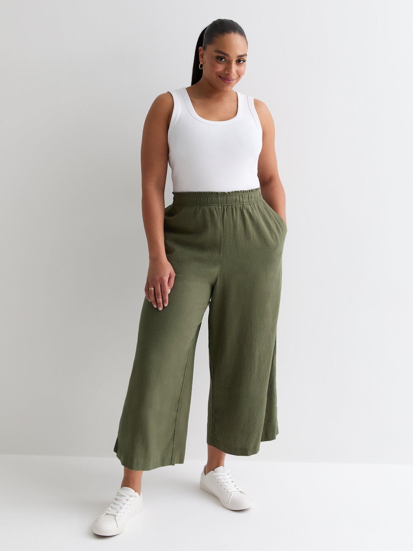 Curves Khaki Linen Wide Leg Crop Trousers