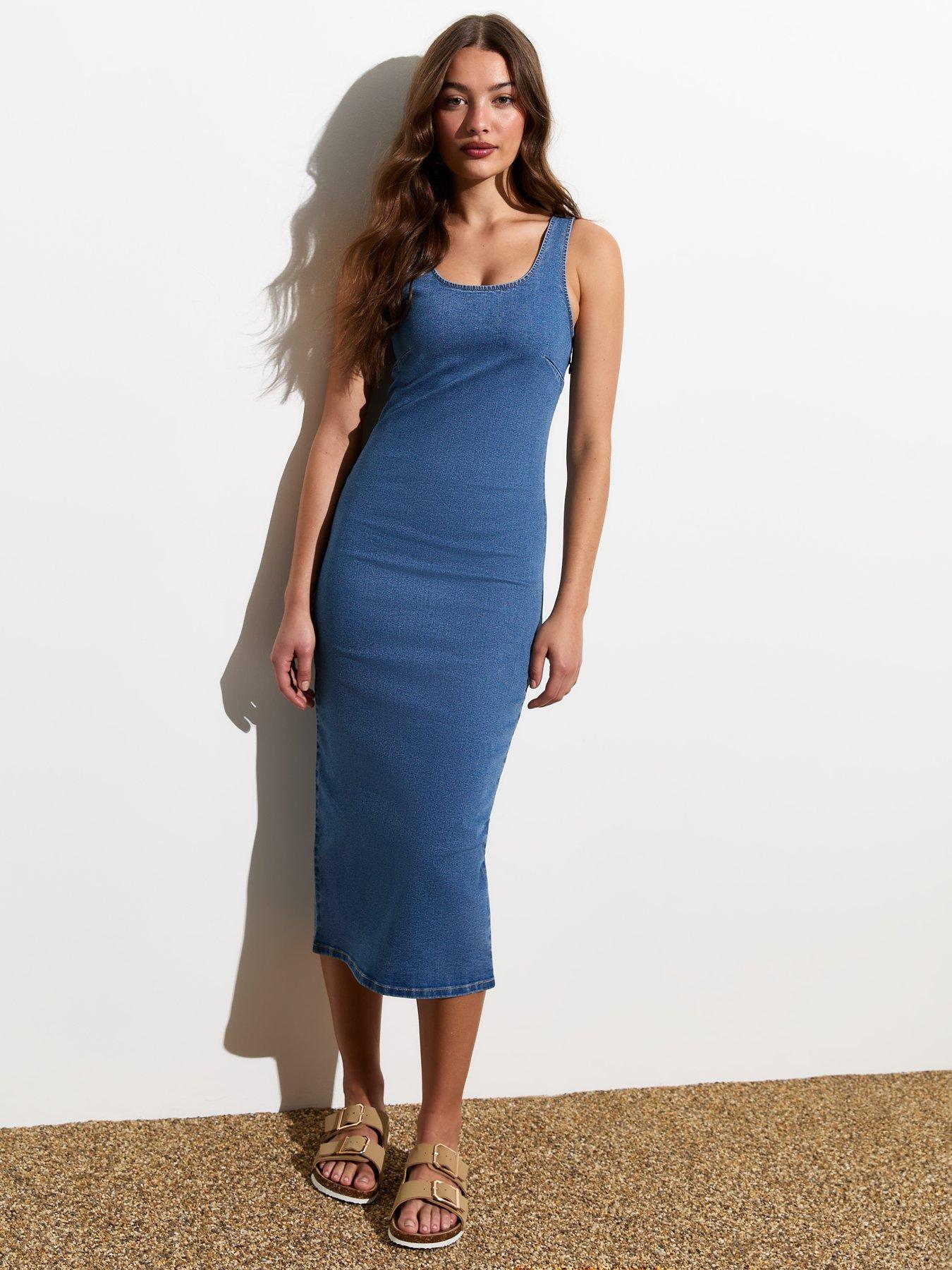 New Look Blue Stretch Denim Bodycon Midi Dress Very