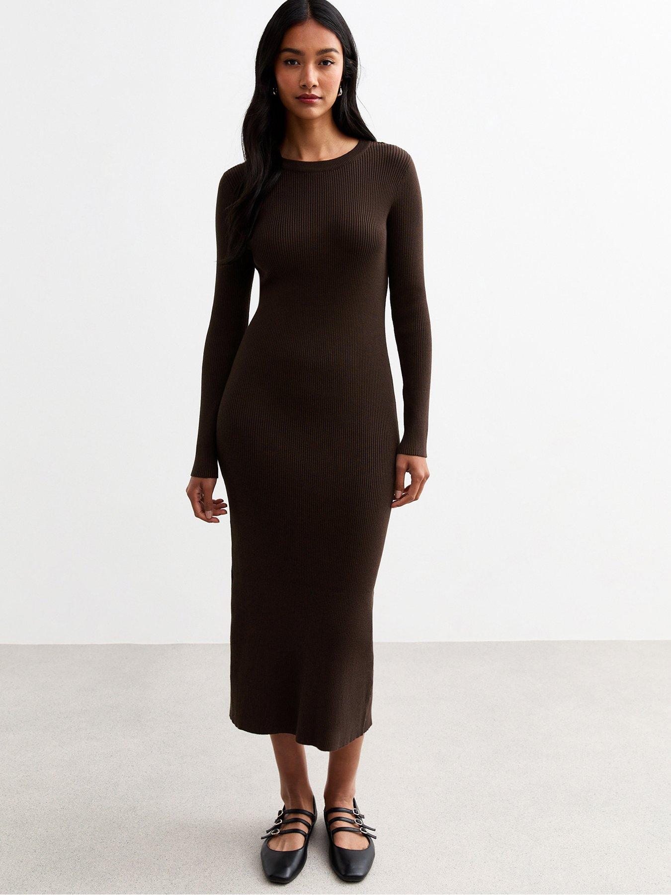 undefined Rib Knit Midi Dress - Dark Brown