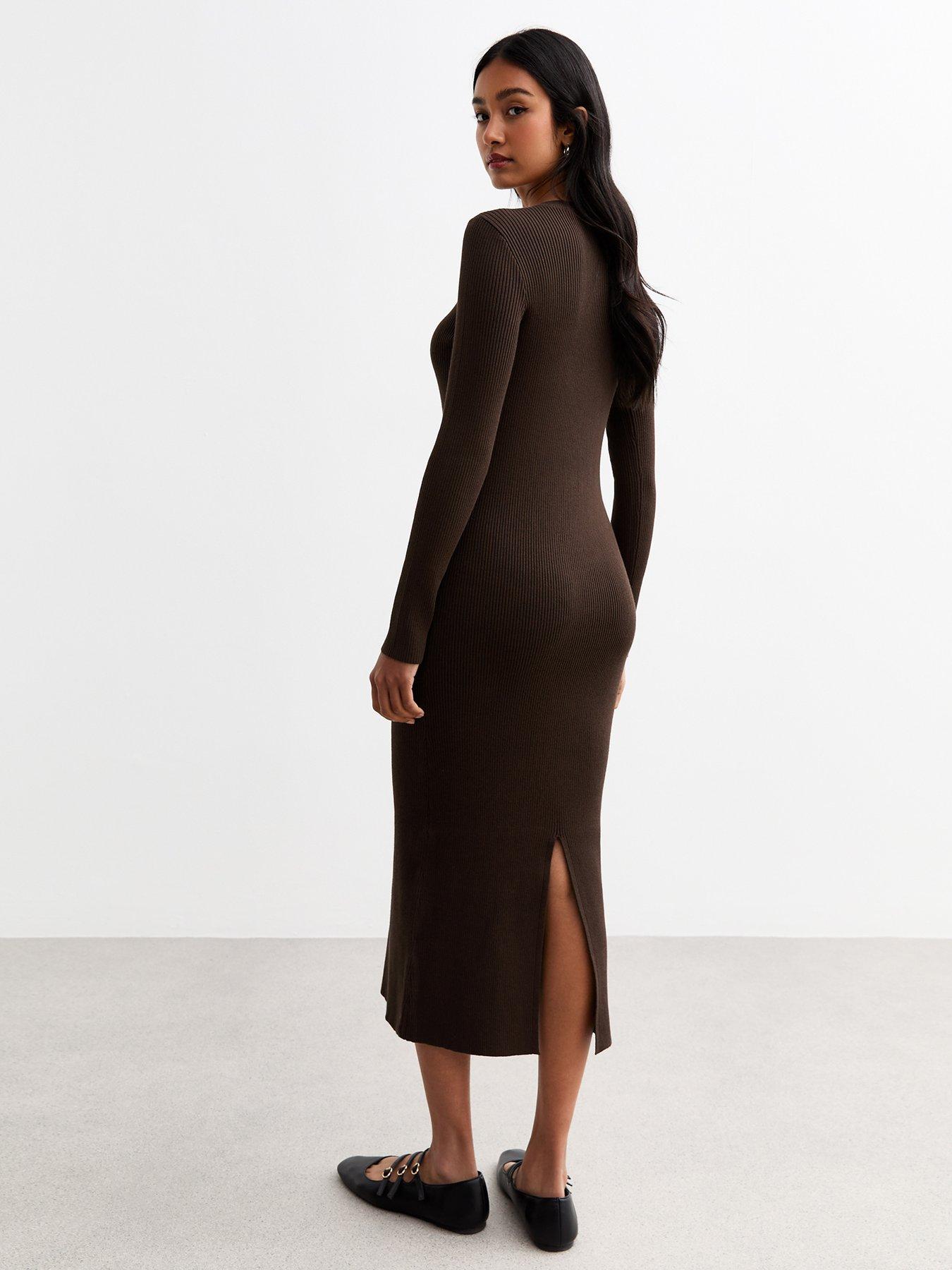  image of new-look-rib-knit-midi-dress-dark-brown