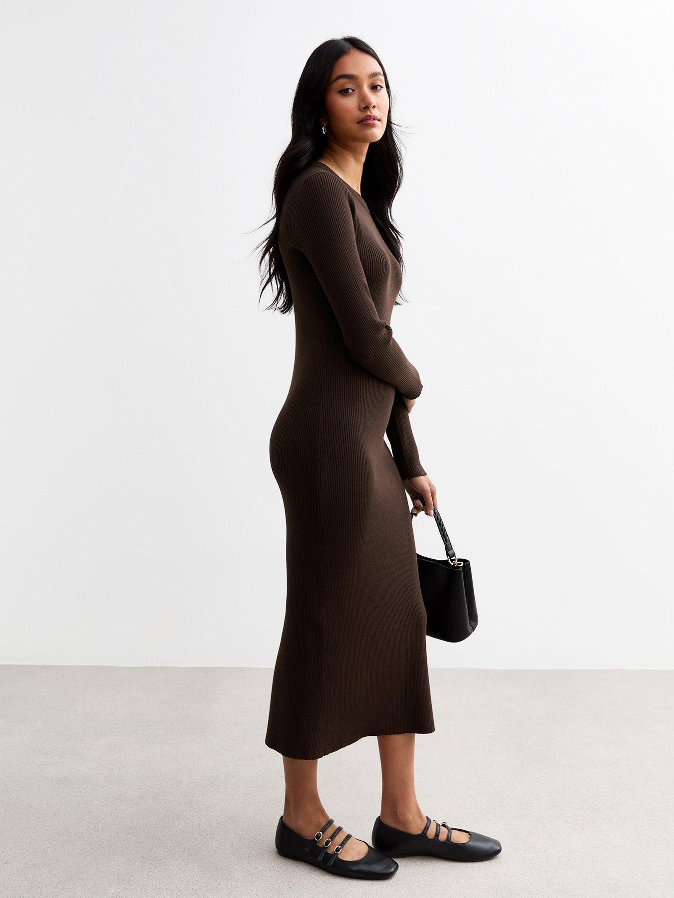  image of new-look-rib-knit-midi-dress-dark-brown