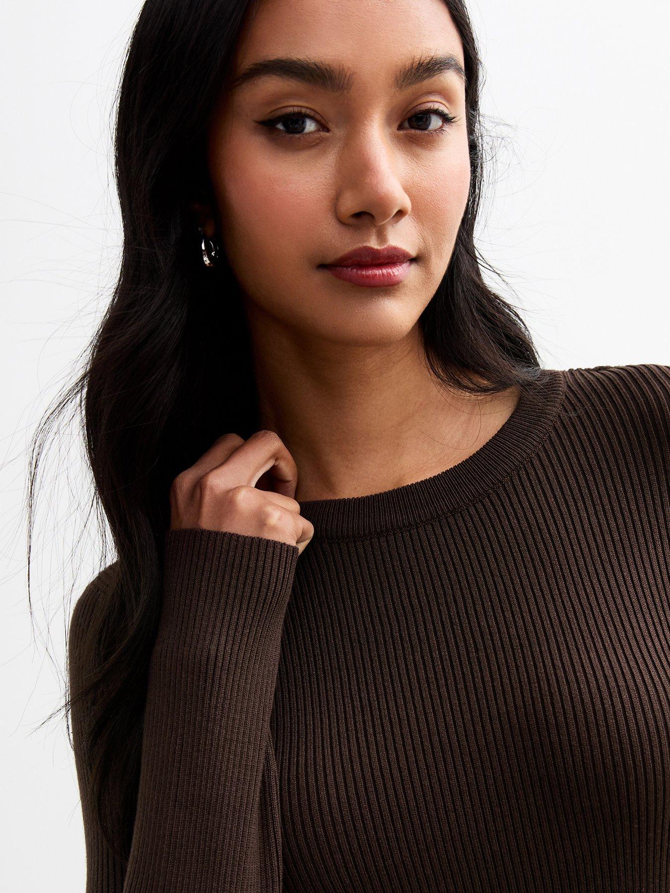  image of new-look-rib-knit-midi-dress-dark-brown