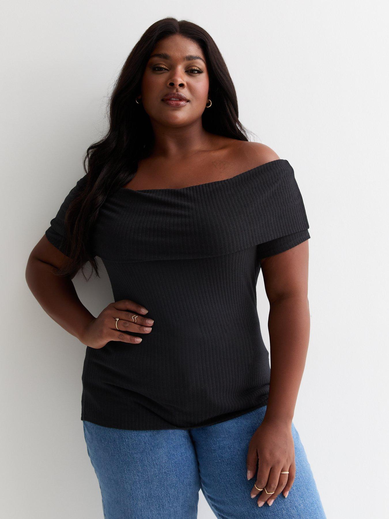 New Look Curves Black Ribbed Short Sleeve Bardot Top Very