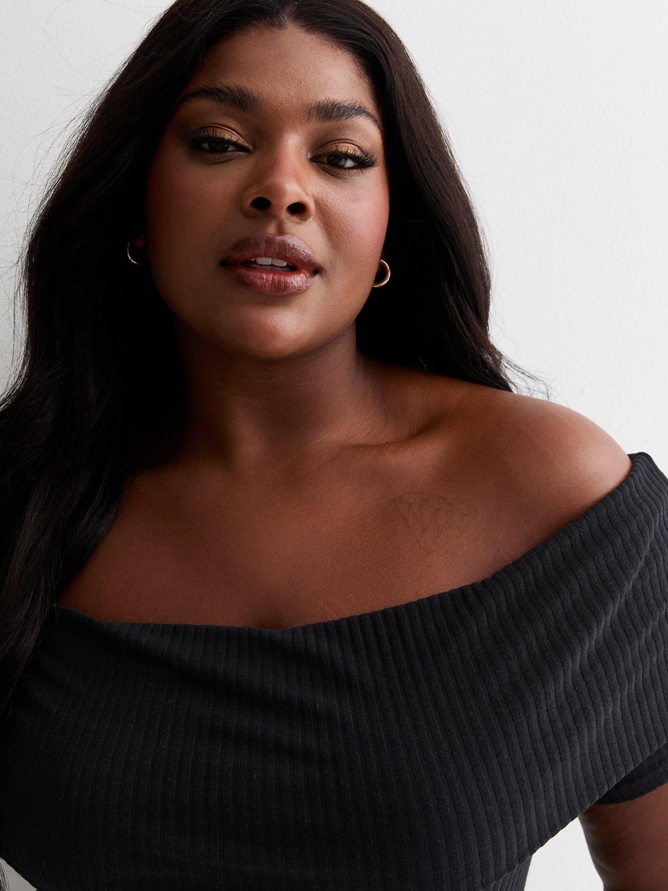 Black ribbed bardot top sales
