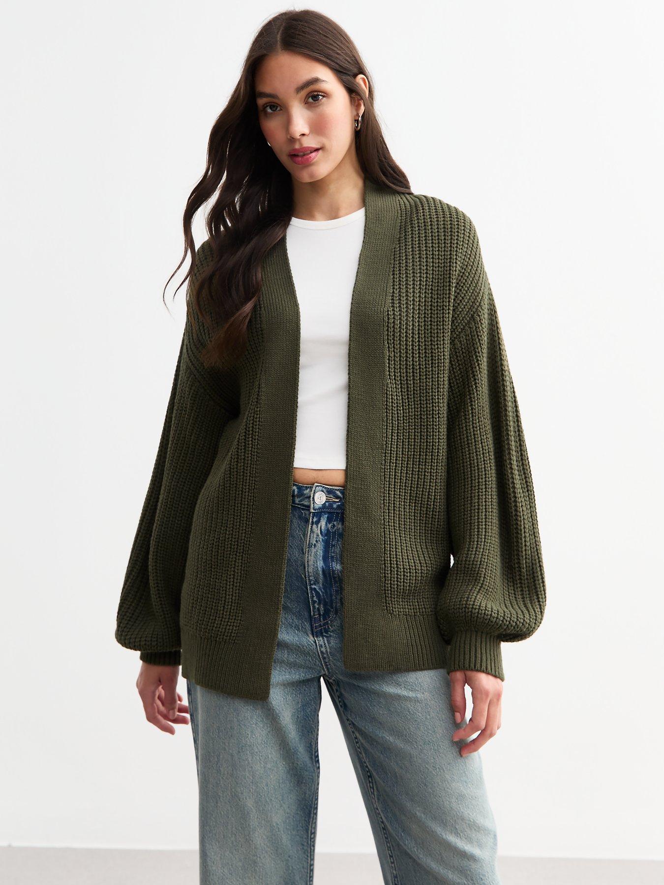 Khaki Balloon Sleeve Chunky Knit Cardigan