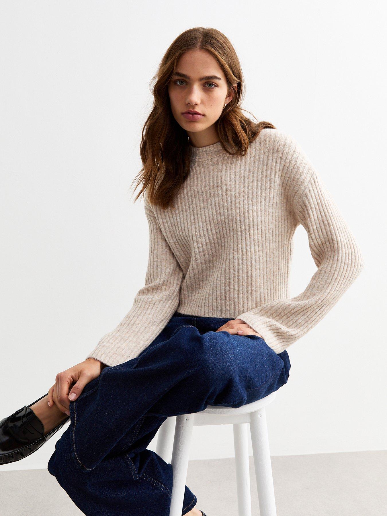 undefined Cream Ribbed Knit Crew Neck Jumper - Beige