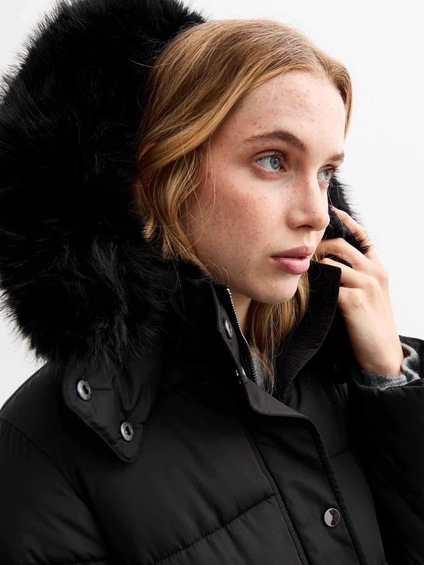 Tall black faux fur hooded trim puffer jacket online