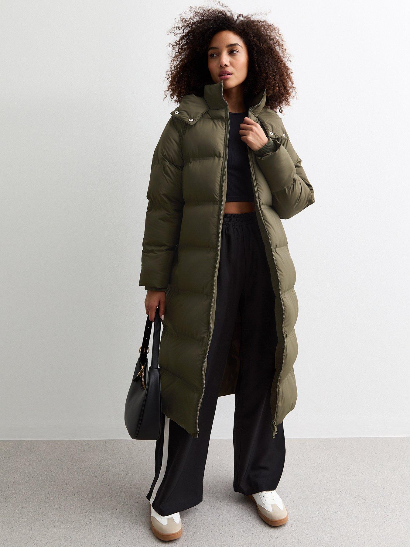 Hooded Longline Puffer Coat Dark Khaki