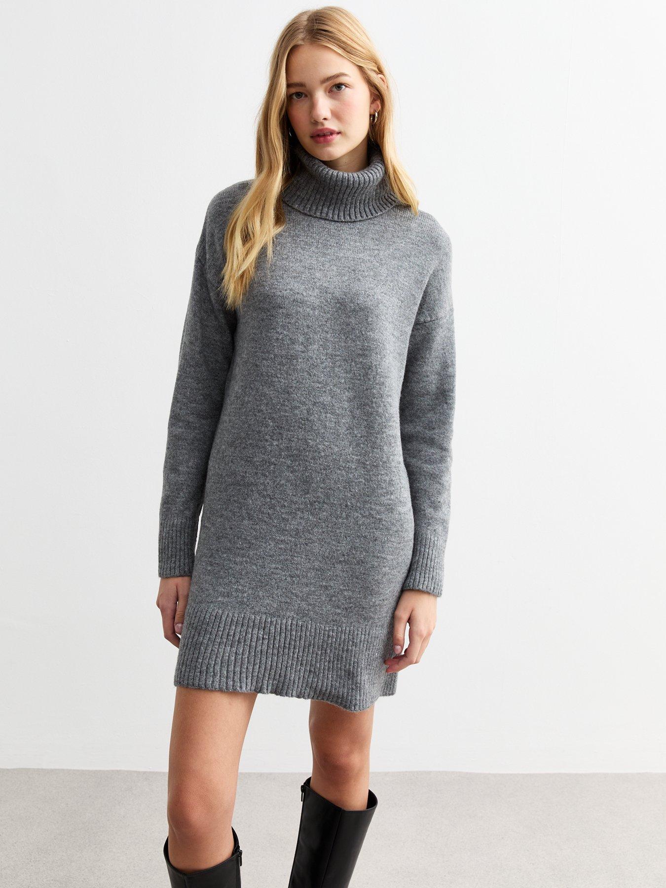 new look knit roll neck mini jumper dress - grey