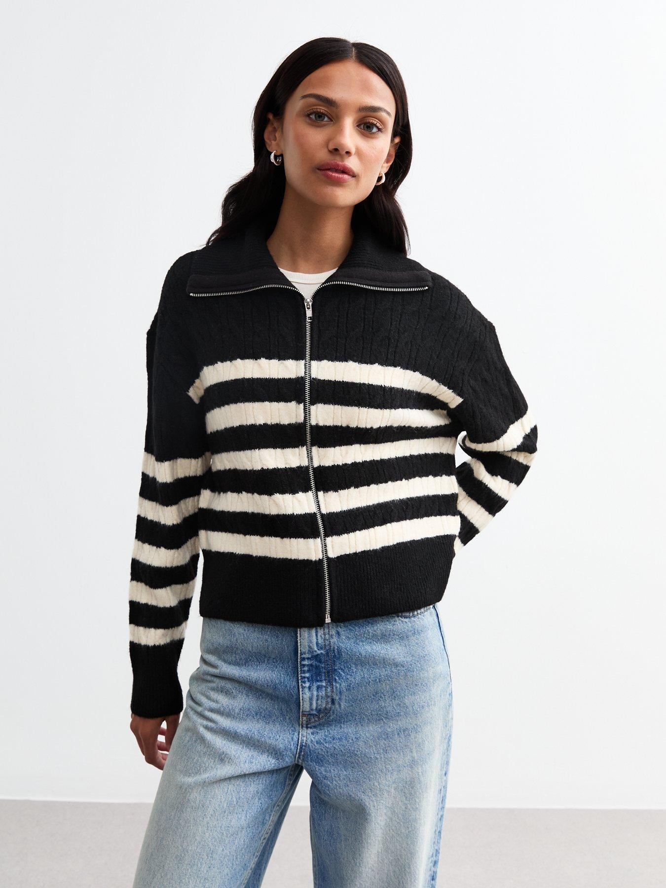 undefined Striped Cable Knit Zip Through Cardigan - Black