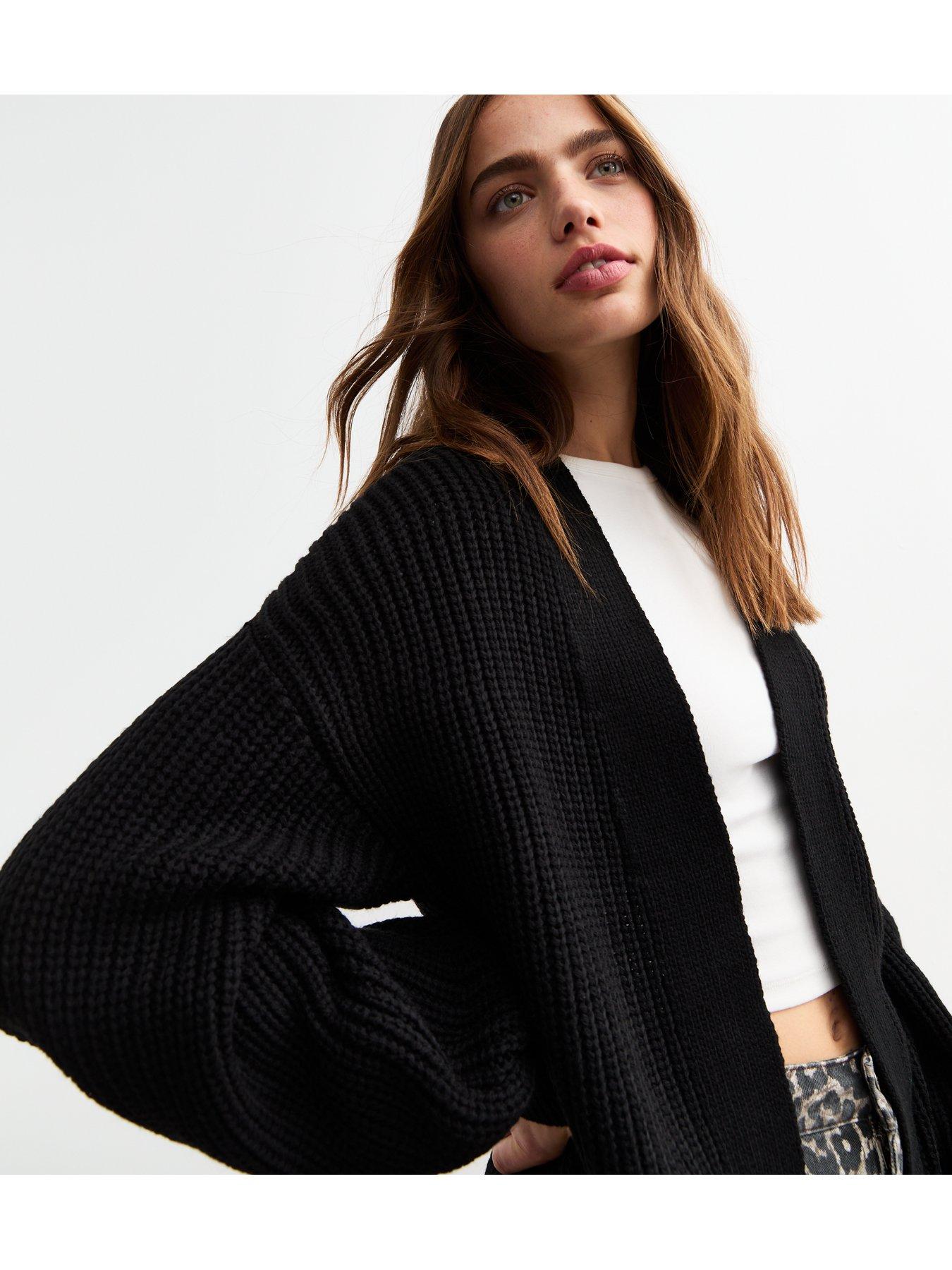 Balloon Sleeve Chunky Knit Cardigan Black