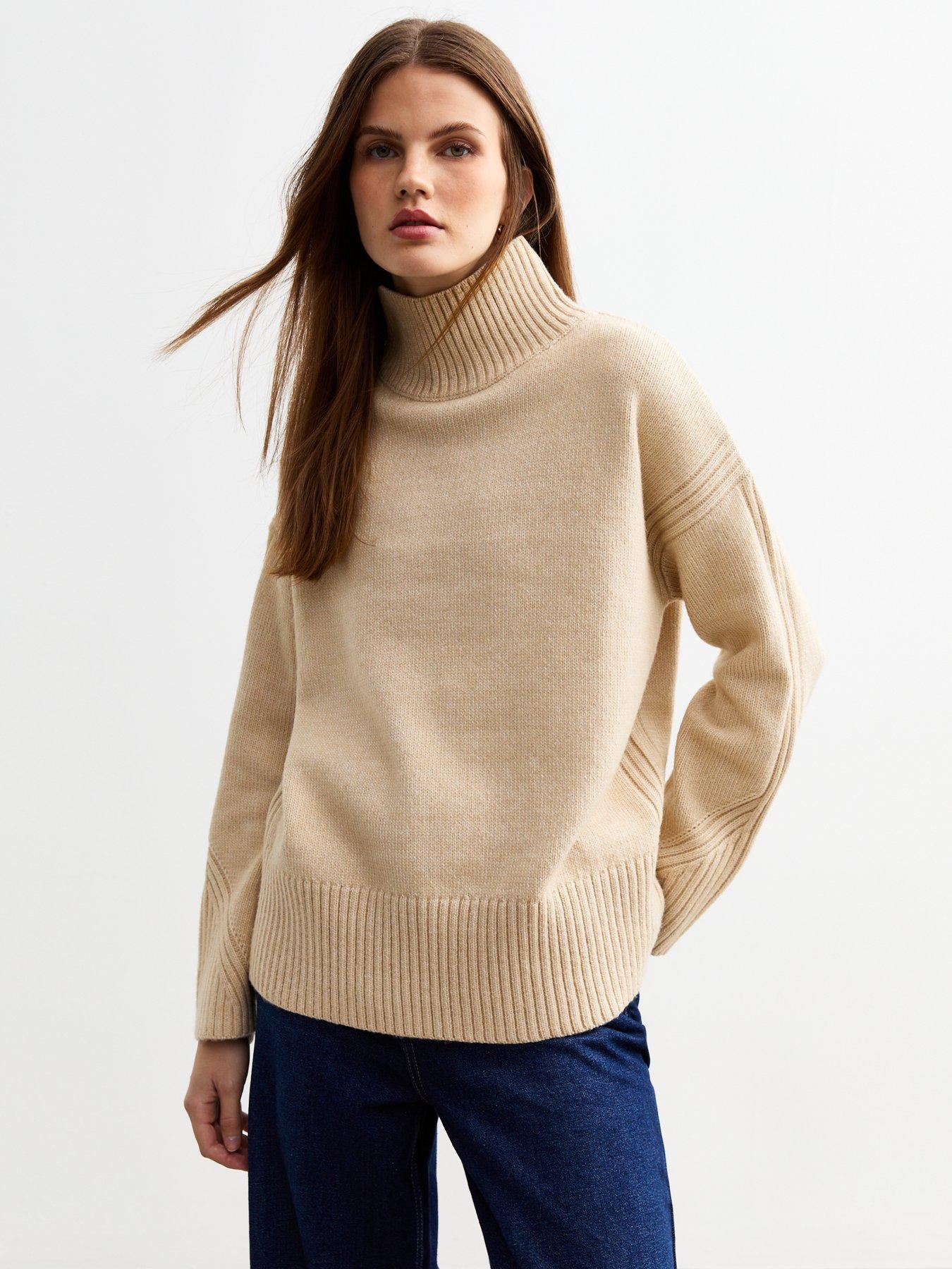 undefined Knitted Oversized Stand Neck Jumper - Cream
