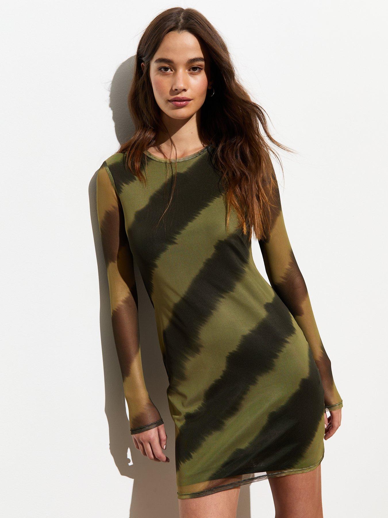 new look green ombre long-sleeve mesh mini dress