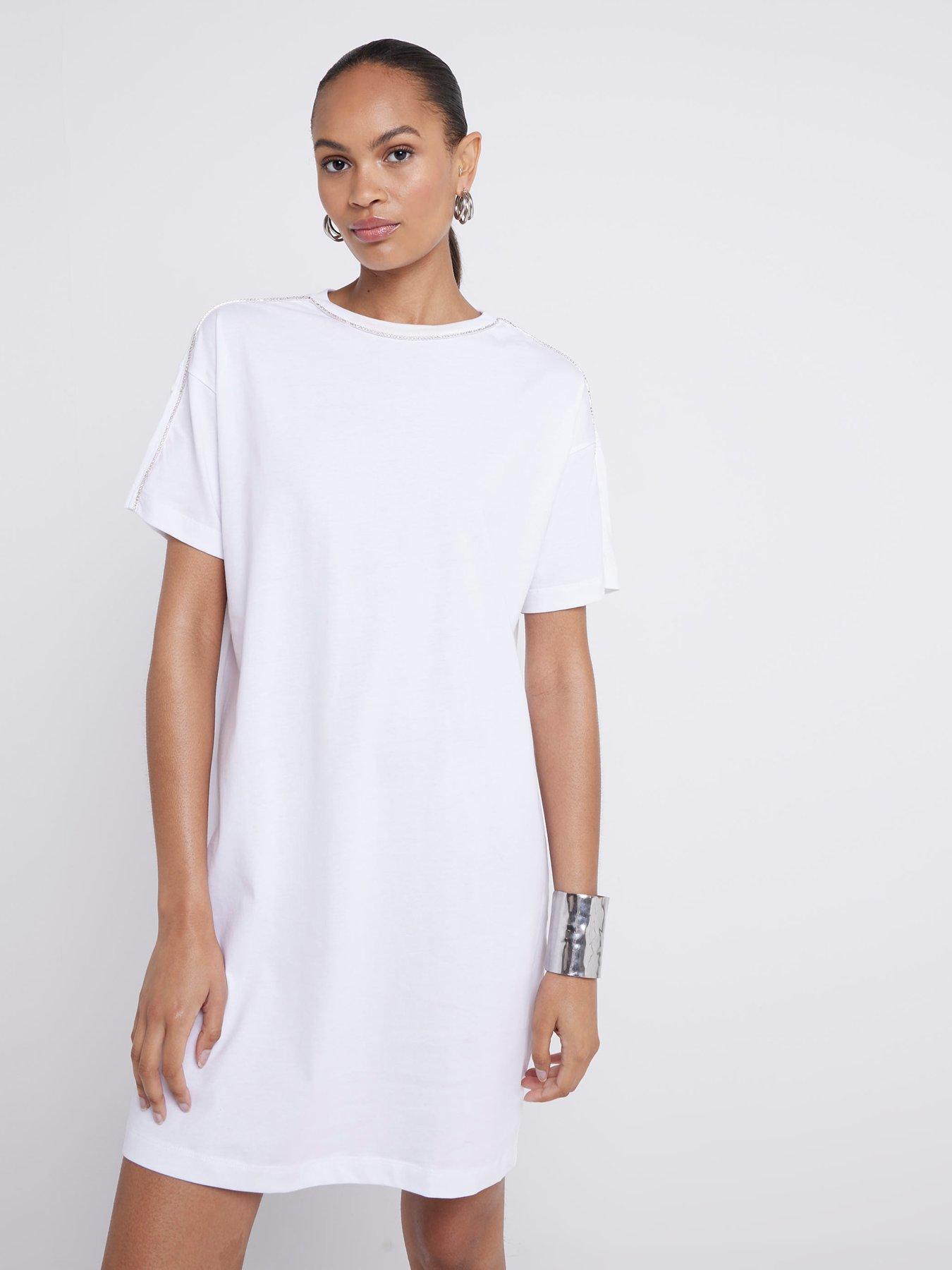 undefined Diamante Neck T-shirt Dress - White