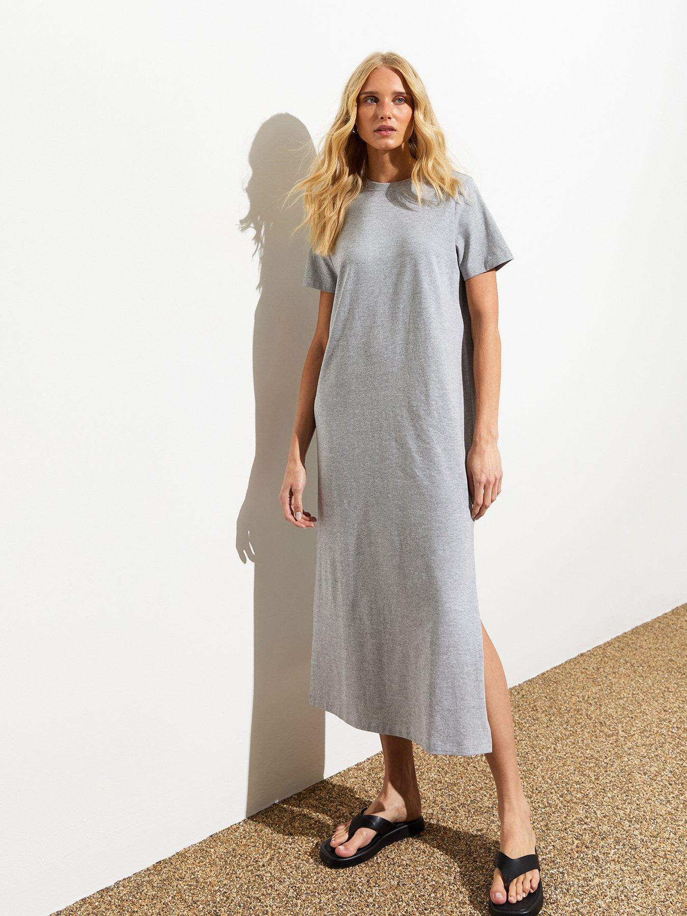 Grey Cotton Split Hem Midi T shirt Dress