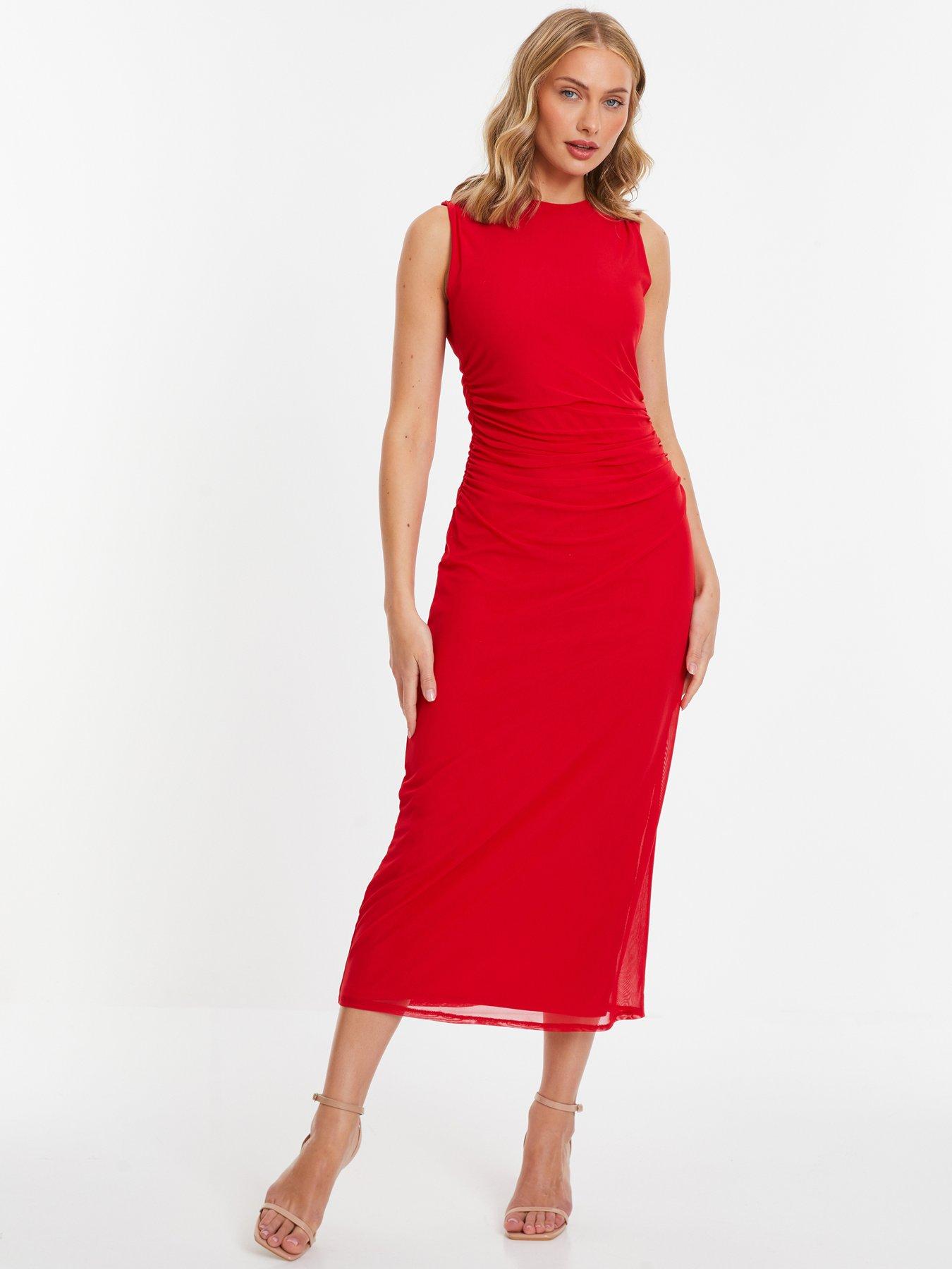 Quiz Red Mesh Ruched Boydcon Midaxi Dress | Very.co.uk