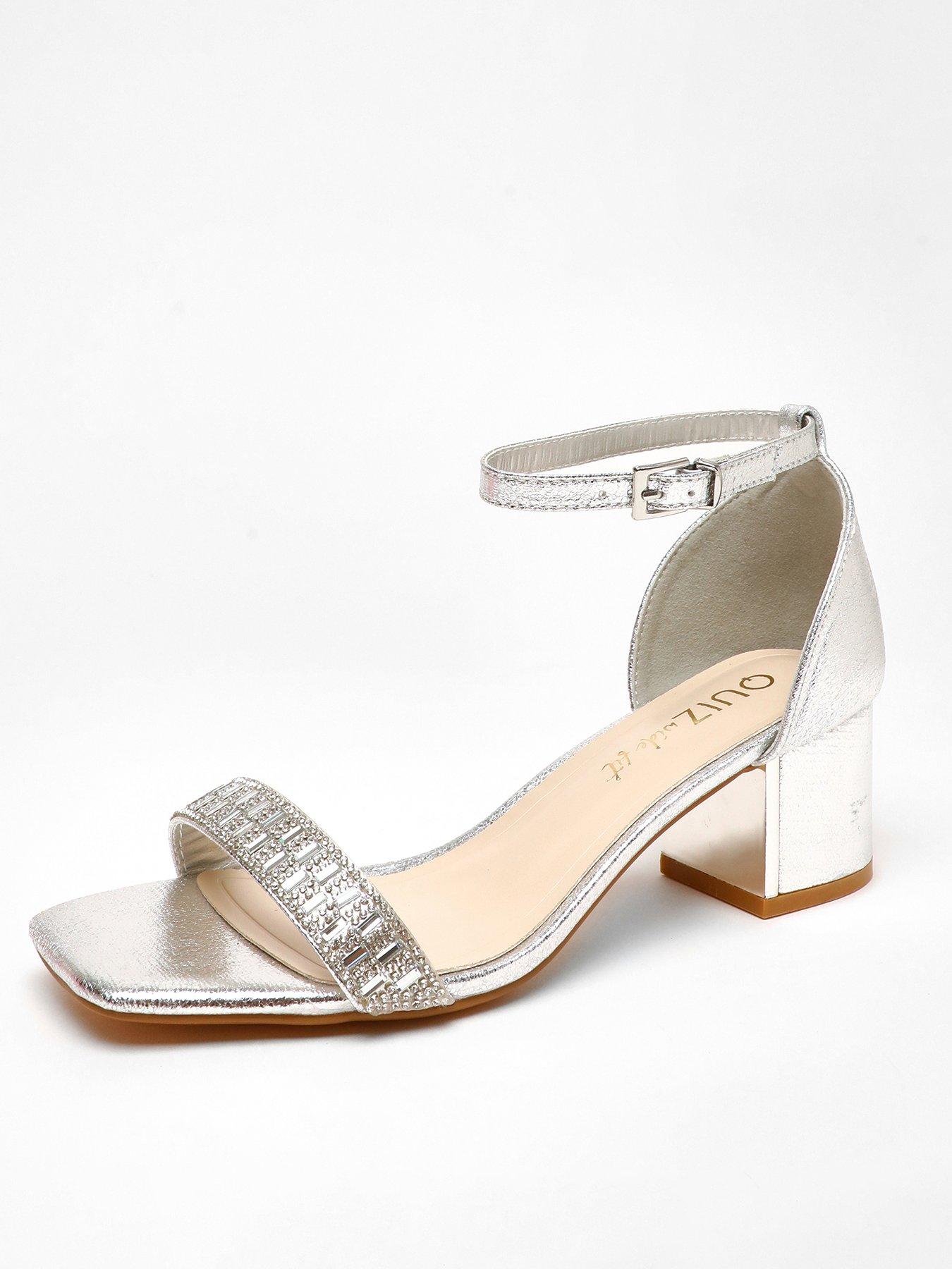 Quiz Wide Fit Silver Shimmer Low Block Heel Sandals Very